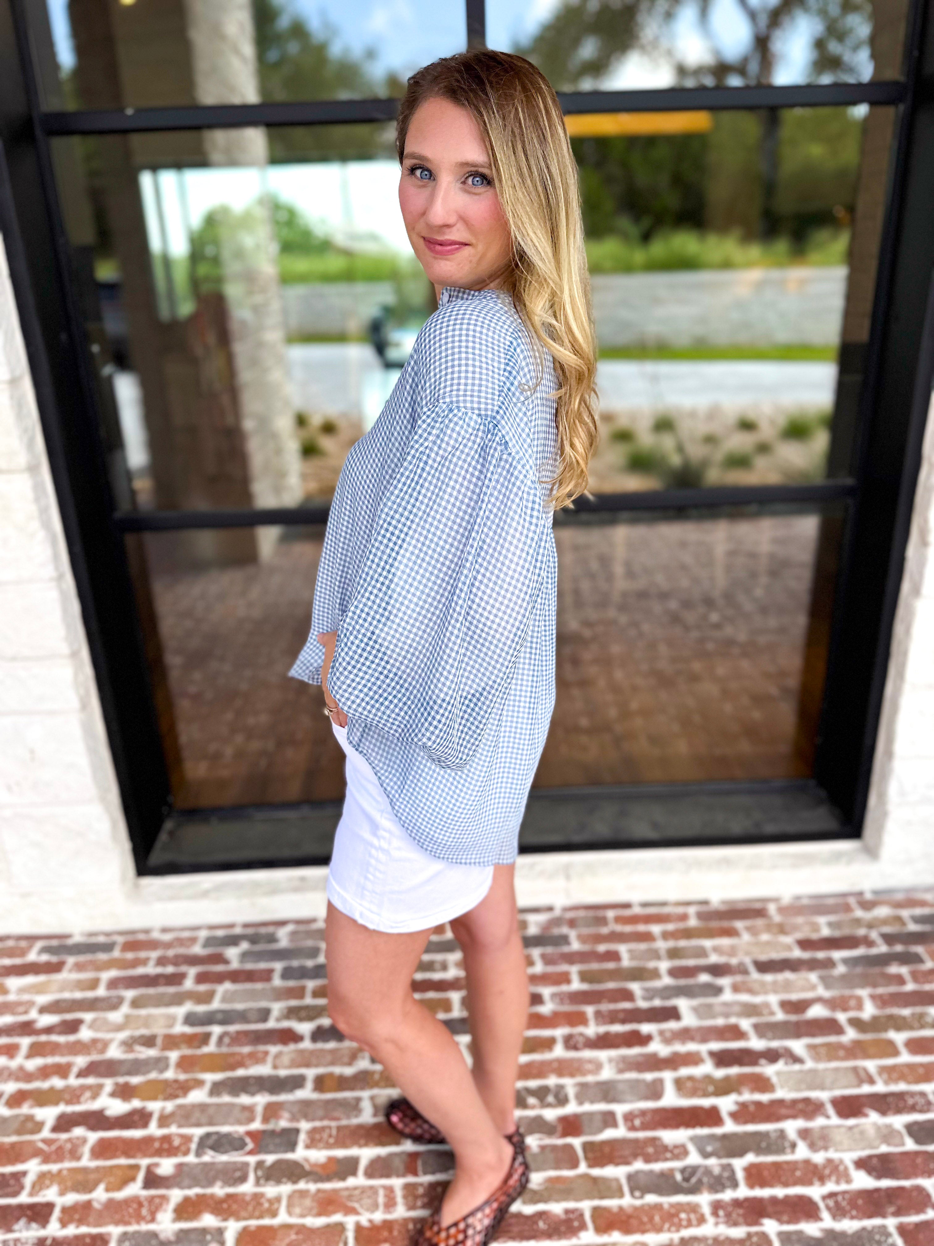 Breezy Gingham Blouse - Dusty Blue-200 Fashion Blouses-FATE-July & June Women's Fashion Boutique Located in San Antonio, Texas