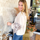 Maya Floral Stitch Blouse - Ivory-200 Fashion Blouses-ENTRO-July & June Women's Fashion Boutique Located in San Antonio, Texas