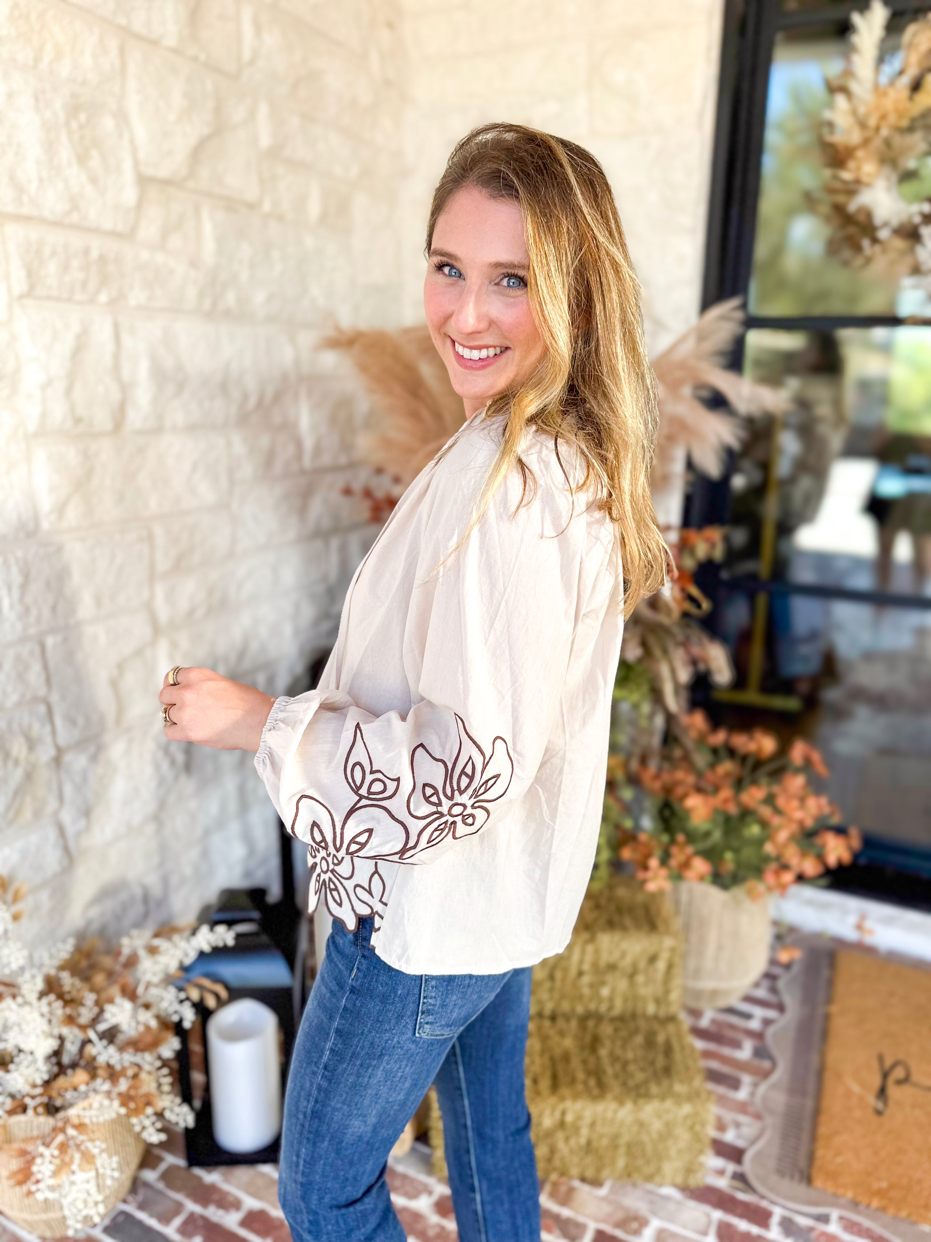Maya Floral Stitch Blouse - Ivory-200 Fashion Blouses-ENTRO-July & June Women's Fashion Boutique Located in San Antonio, Texas