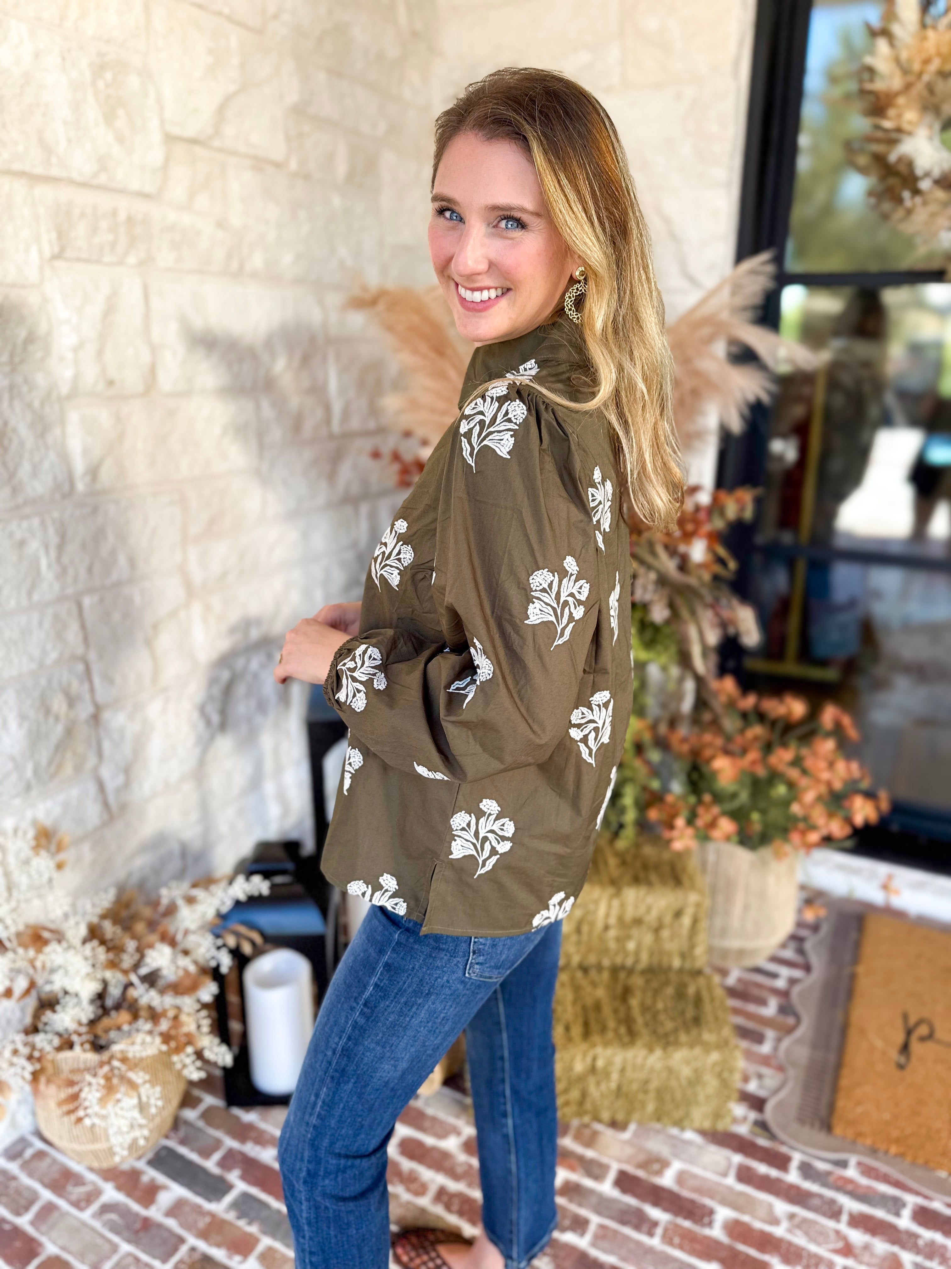 Mary Square - Olive Embroidered Flora Blouse-200 Fashion Blouses-MARY SQUARE-July & June Women's Fashion Boutique Located in San Antonio, Texas
