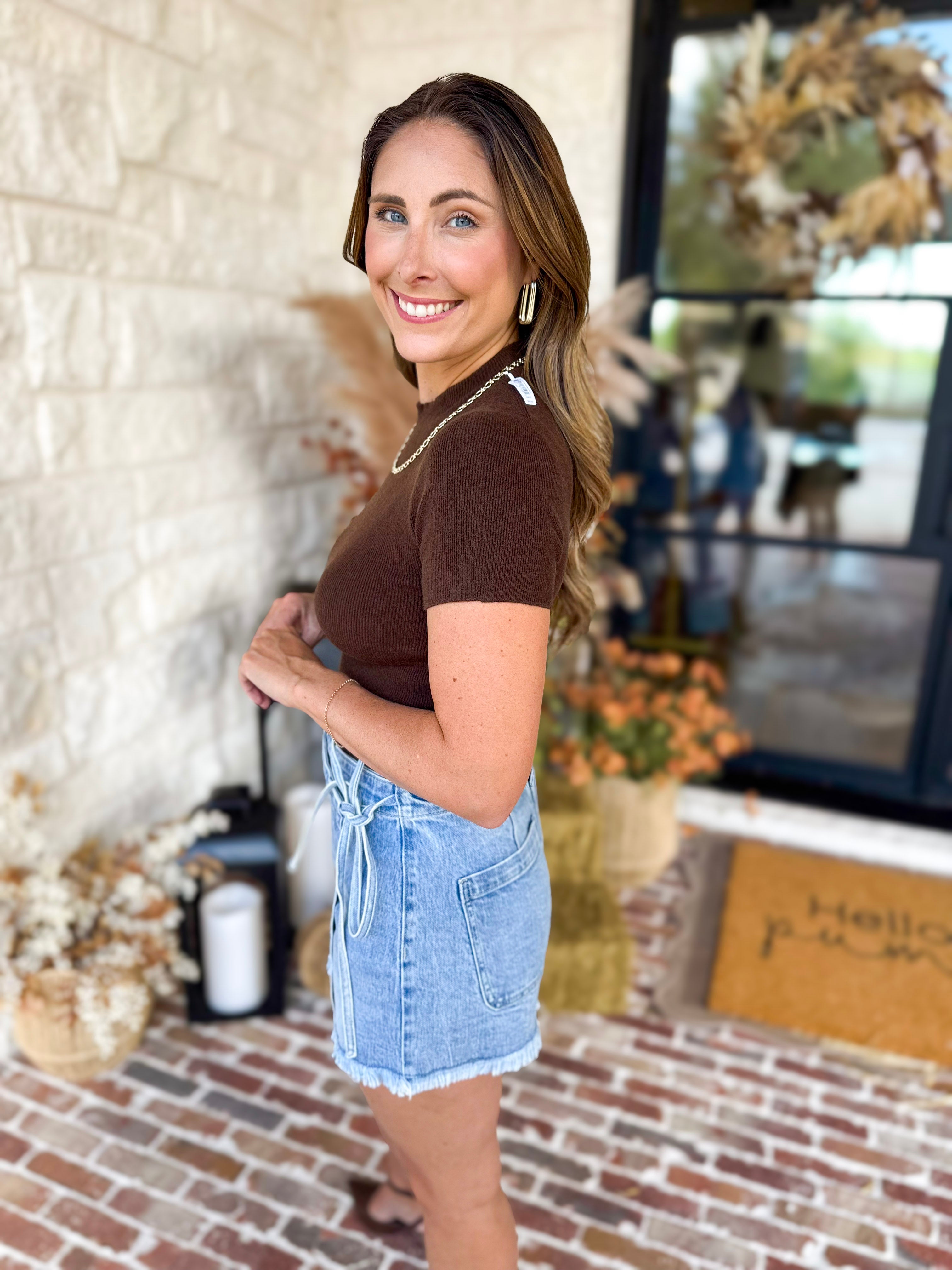Mock Neck Soft Fitted Sweater Top - Dark Brown-230 Sweaters/Cardis-SKIES ARE BLUE-July & June Women's Fashion Boutique Located in San Antonio, Texas