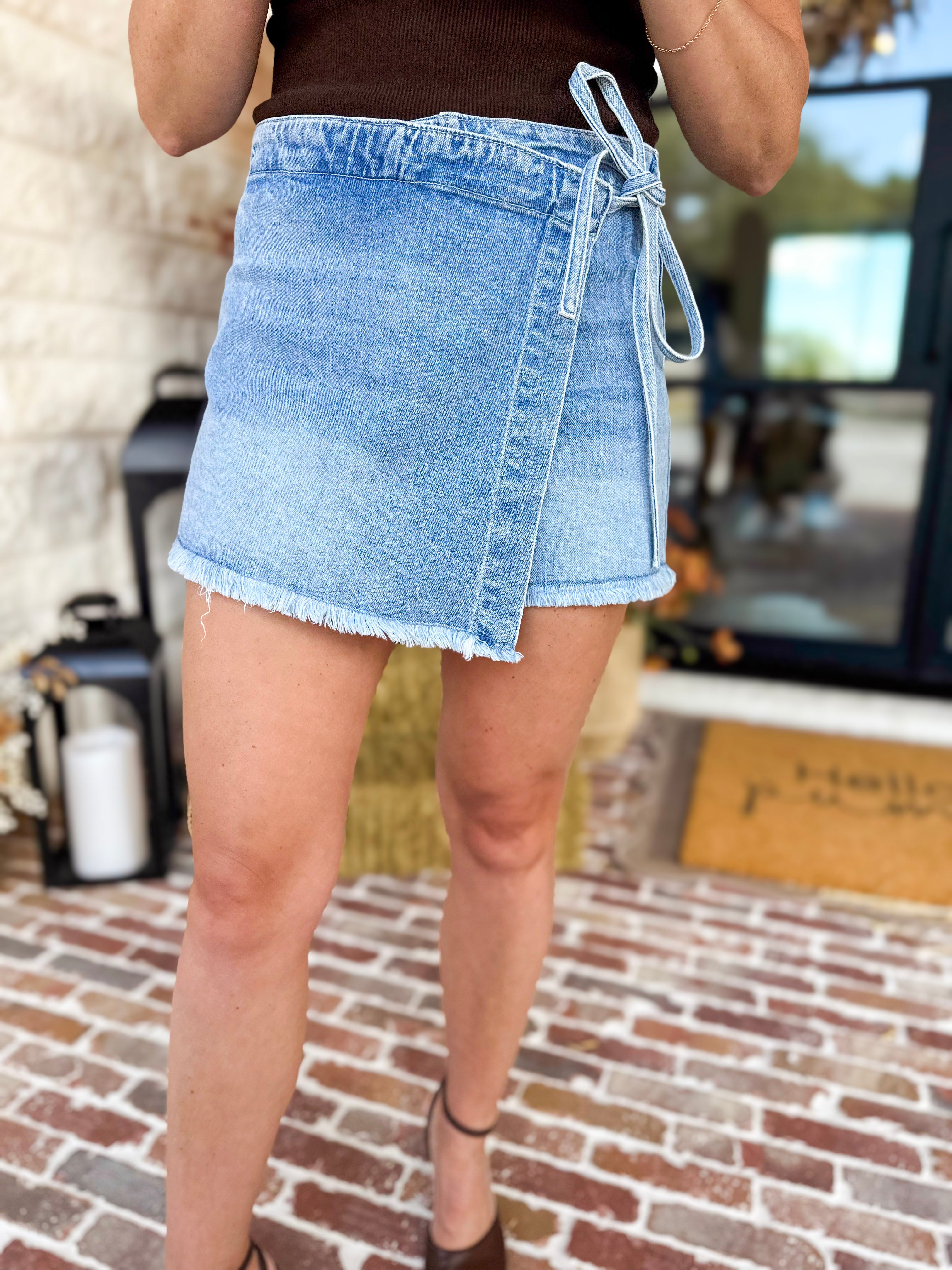 Vervet - Light Wash Wrap Denim Skort-410 Shorts/Skirts-VEVERT BY FLYING MONKEY-July & June Women's Fashion Boutique Located in San Antonio, Texas