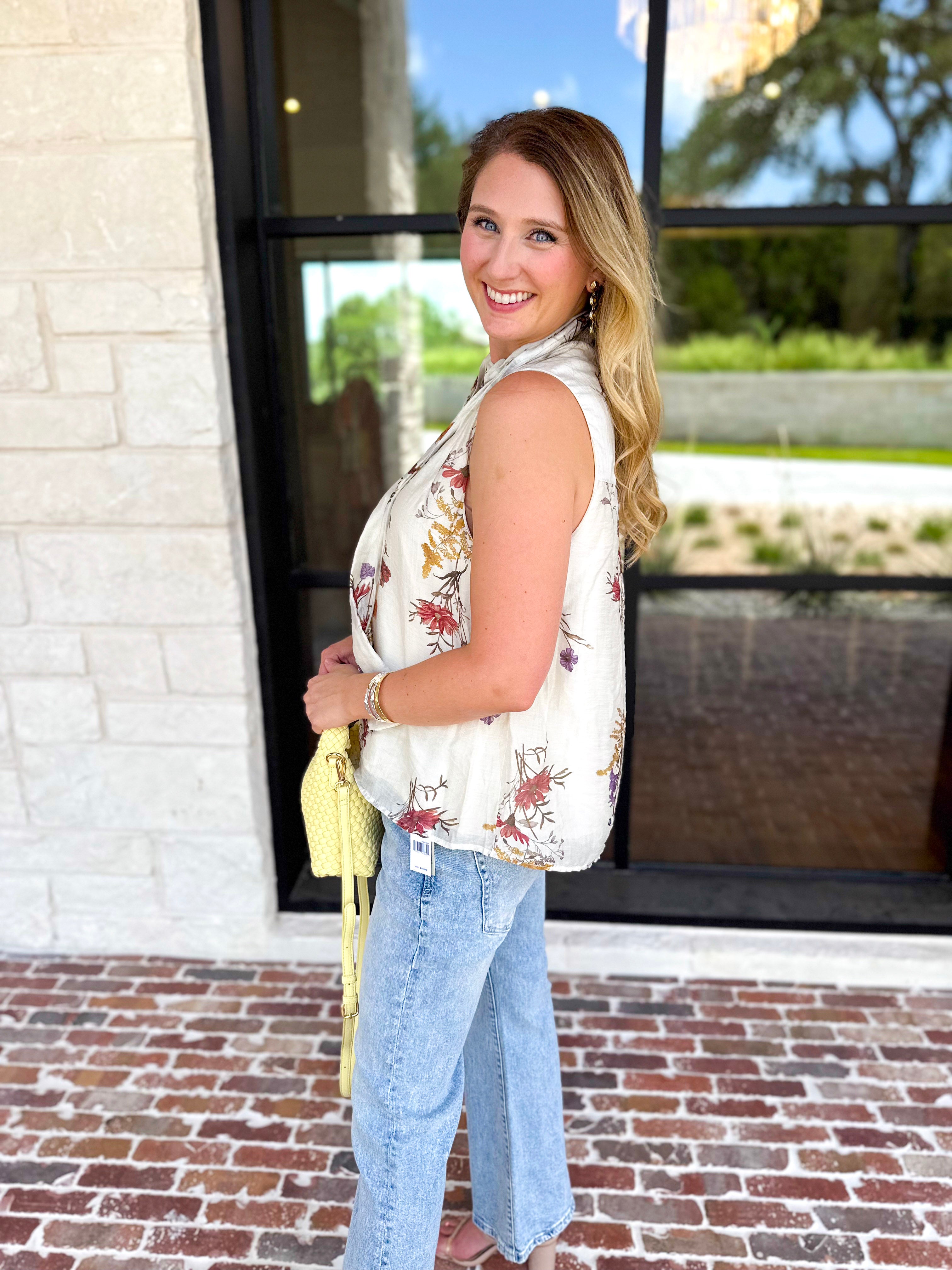 Cream Floral Tank Blouse-200 Fashion Blouses-ENTRO-July & June Women's Fashion Boutique Located in San Antonio, Texas