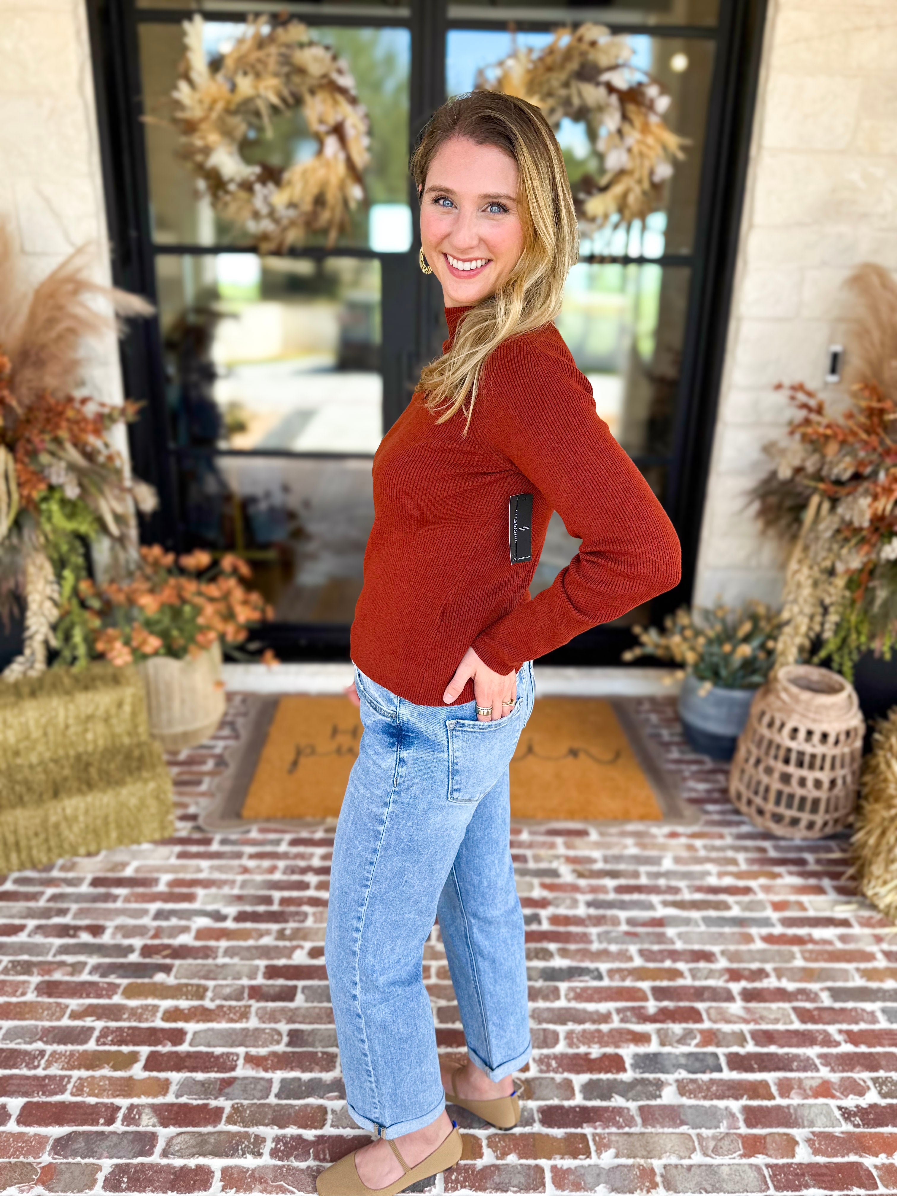 Liverpool - Warm Cayenne Turtleneck Sweater-230 Sweaters/Cardis-LIVERPOOL JEANS COMPANY-July & June Women's Fashion Boutique Located in San Antonio, Texas