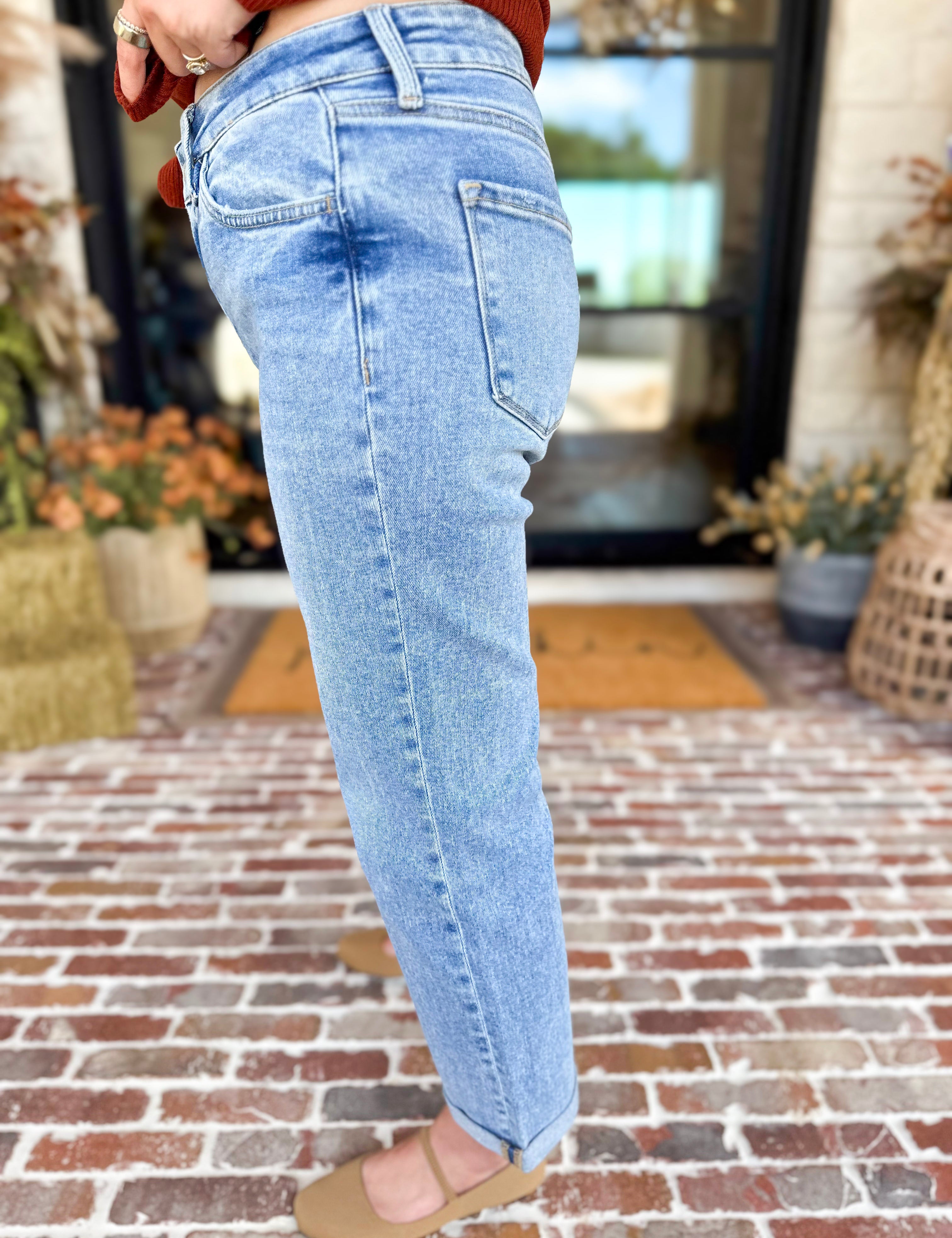 Vervet - Mid Rise Small Cuff Straight Leg Jeans-420 Denim-VEVERT BY FLYING MONKEY-July & June Women's Fashion Boutique Located in San Antonio, Texas