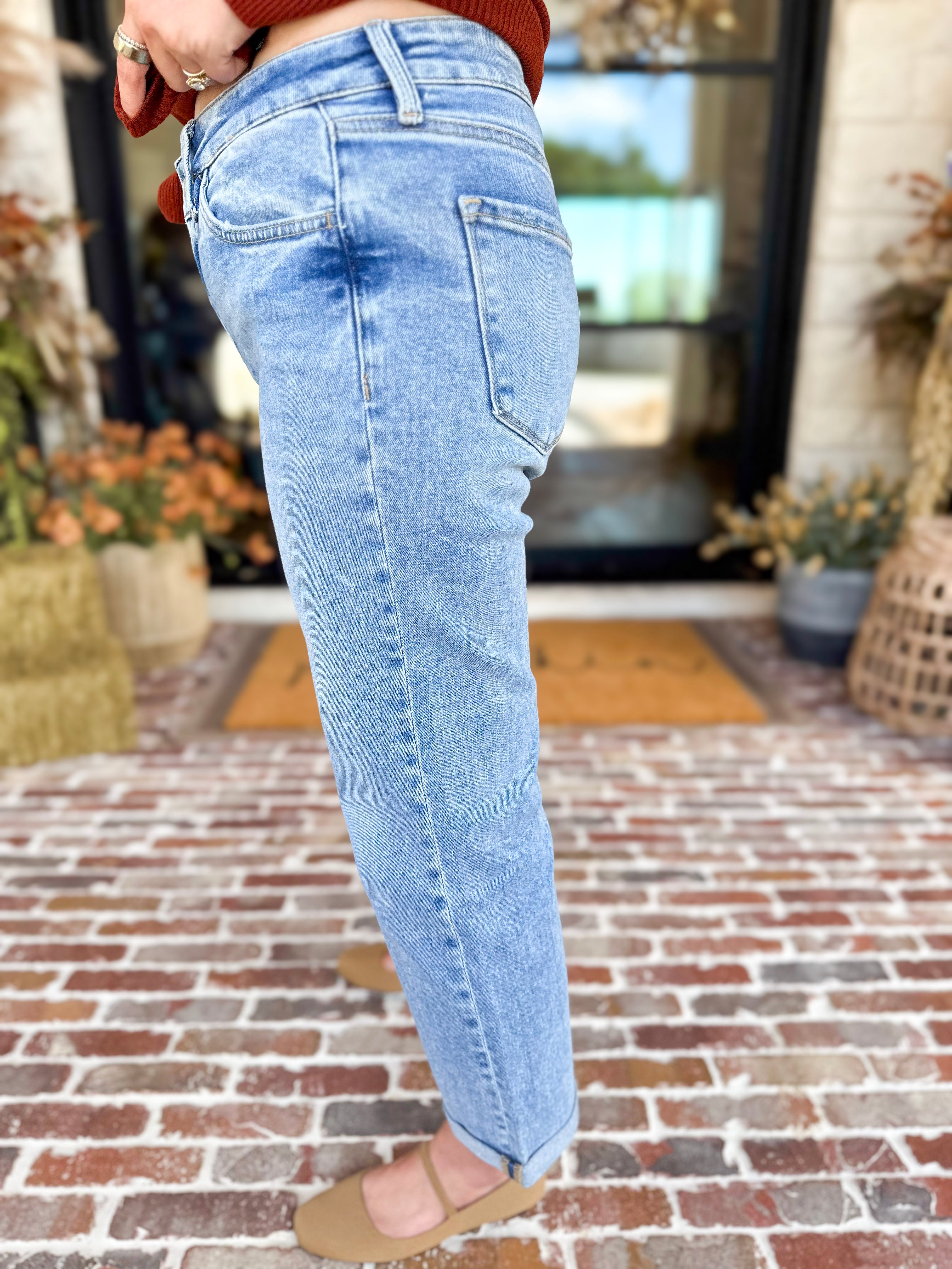 Vervet - Mid Rise Small Cuff Straight Leg Jeans-420 Denim-VEVERT BY FLYING MONKEY-July & June Women's Fashion Boutique Located in San Antonio, Texas