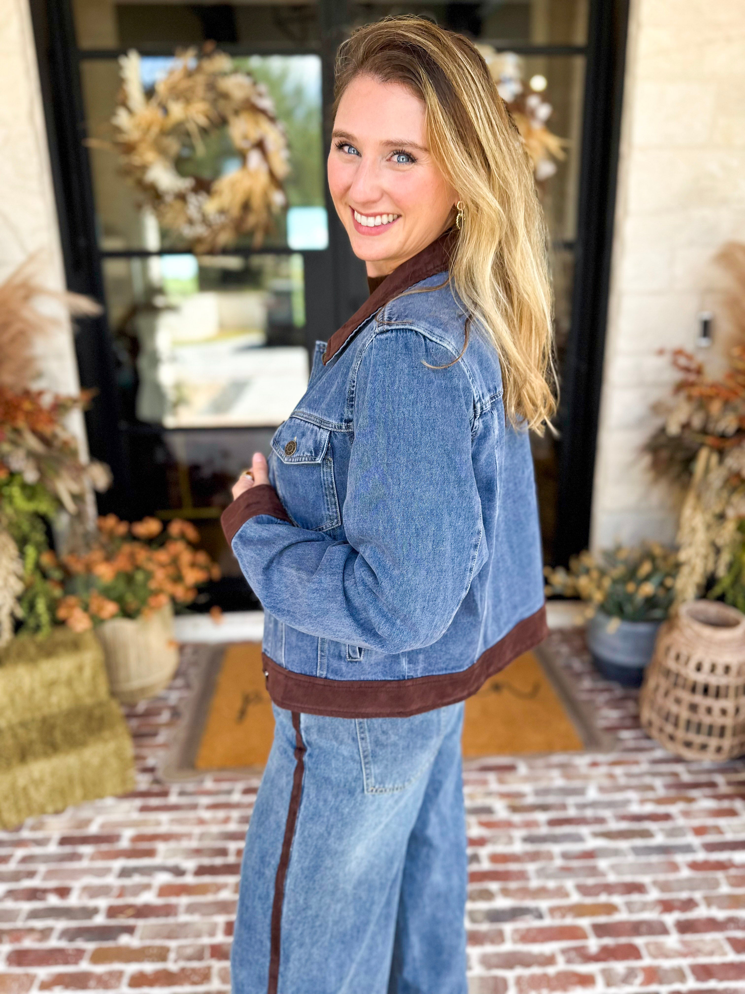 Suede Trim Denim Jacket-600 Outerwear-SKIES ARE BLUE-July & June Women's Fashion Boutique Located in San Antonio, Texas