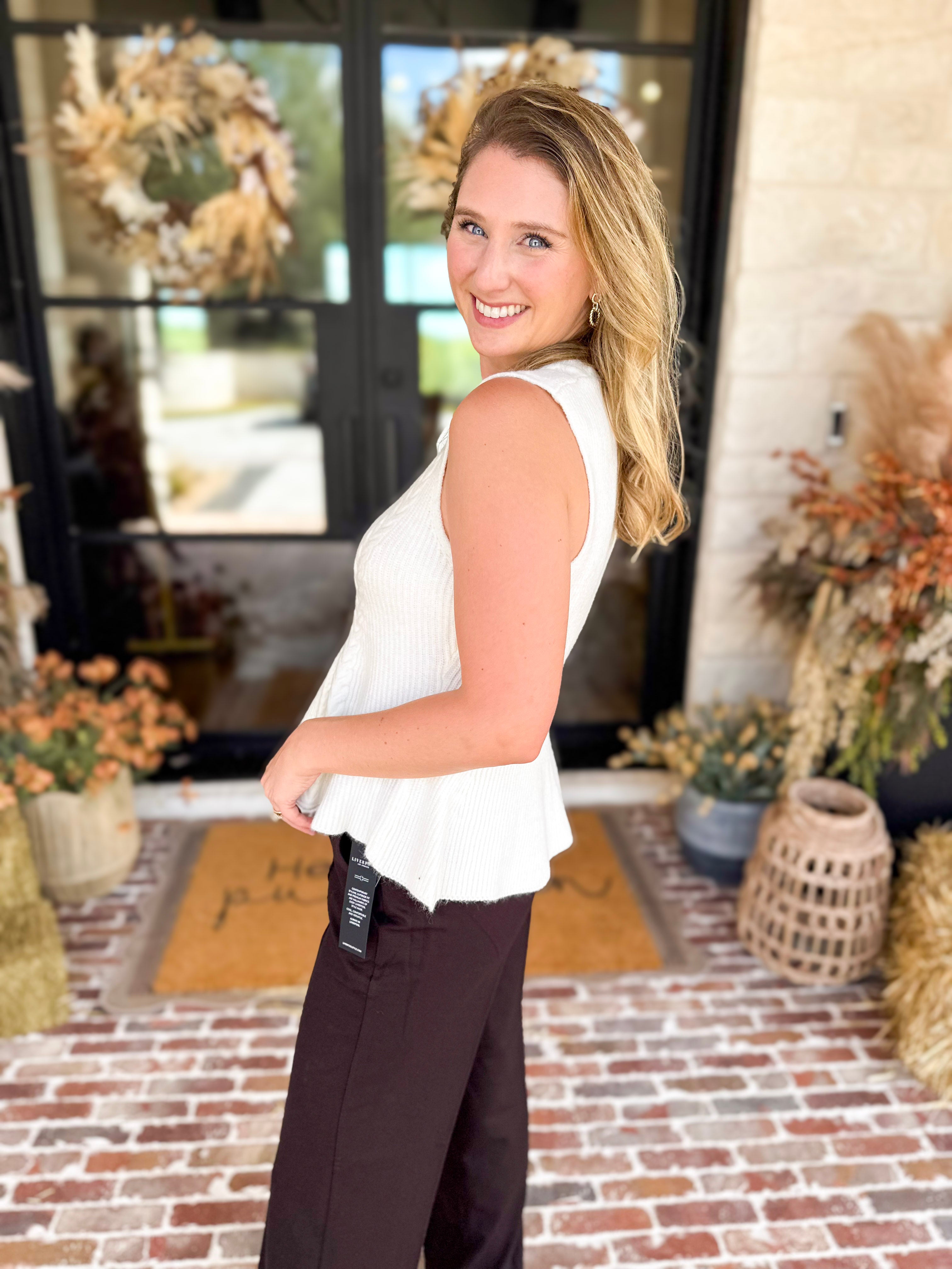 Ivory Cable Knit Sweater Tank-230 Sweaters/Cardis-STRUT & BOLT-July & June Women's Fashion Boutique Located in San Antonio, Texas