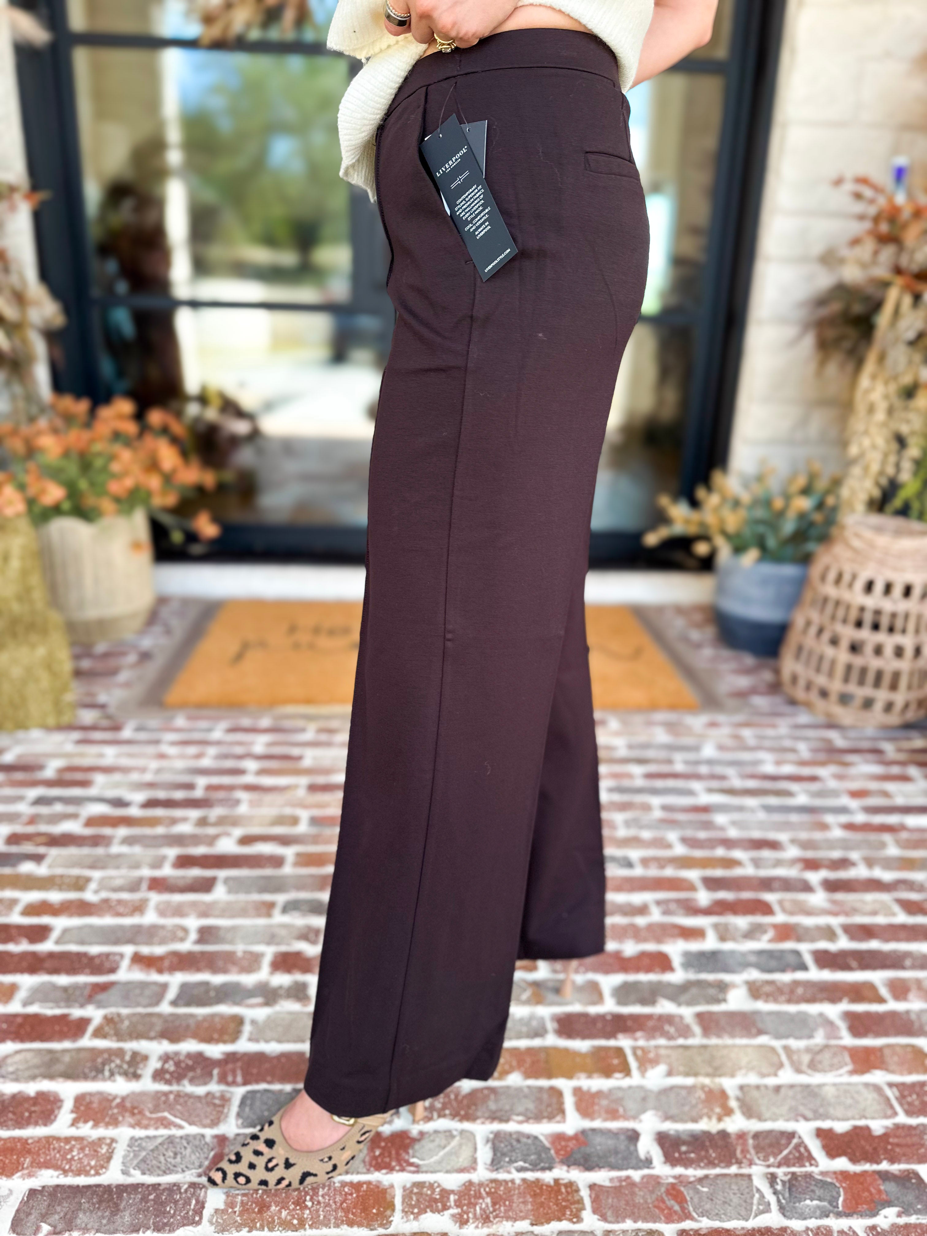 Liverpool - Kayla Wide Leg Trousers - Dark Brown-400 Pants-LIVERPOOL JEANS COMPANY-July & June Women's Fashion Boutique Located in San Antonio, Texas