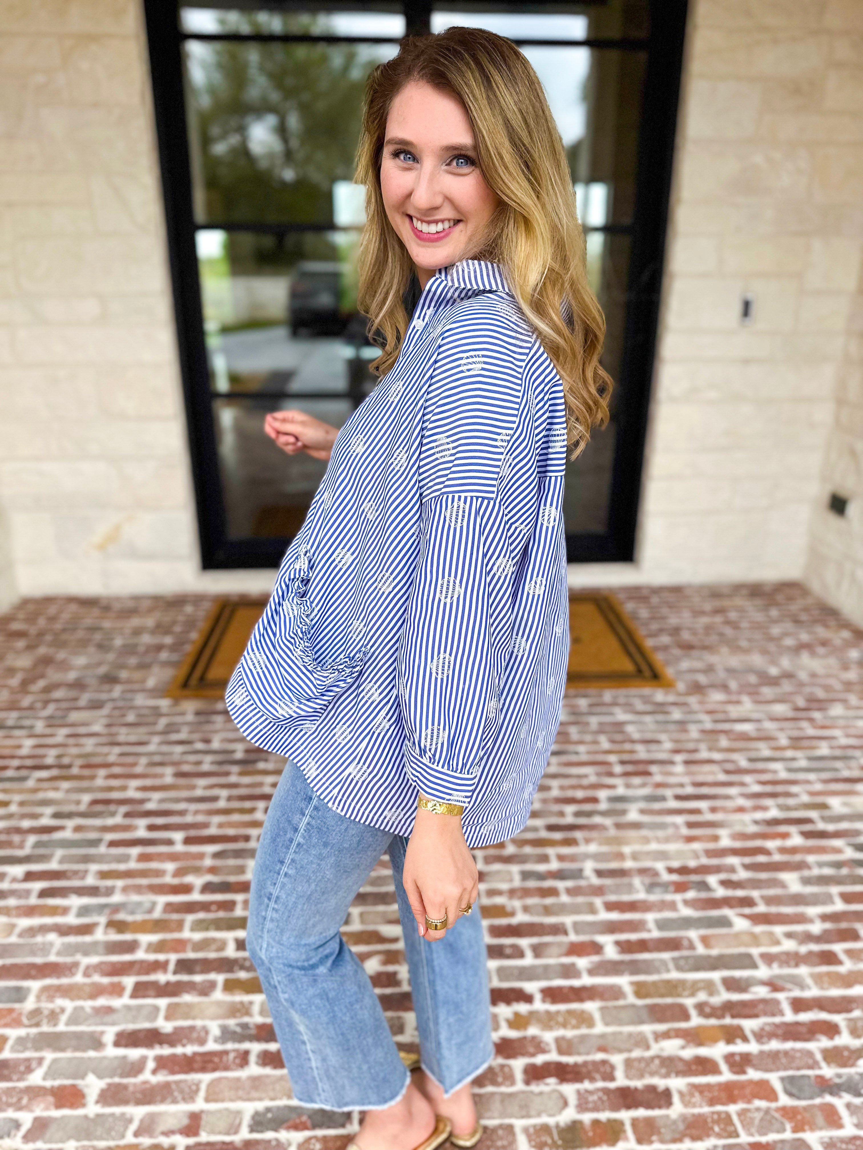 Seashell Flow Button Down Blouse-200 Fashion Blouses-FATE-July & June Women's Fashion Boutique Located in San Antonio, Texas