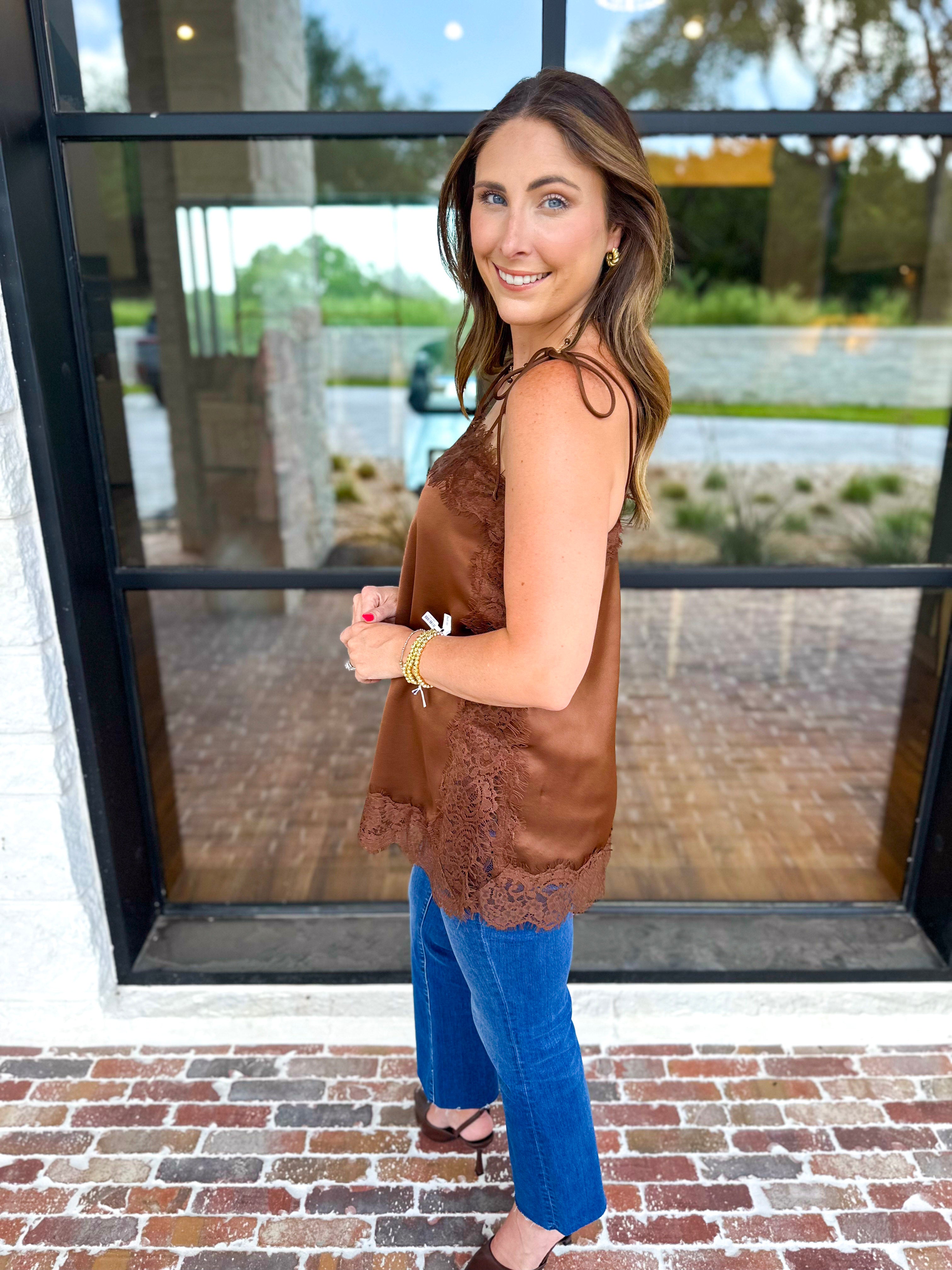 Date Night Lace Cami - Brown-200 Fashion Blouses-ENTRO-July & June Women's Fashion Boutique Located in San Antonio, Texas