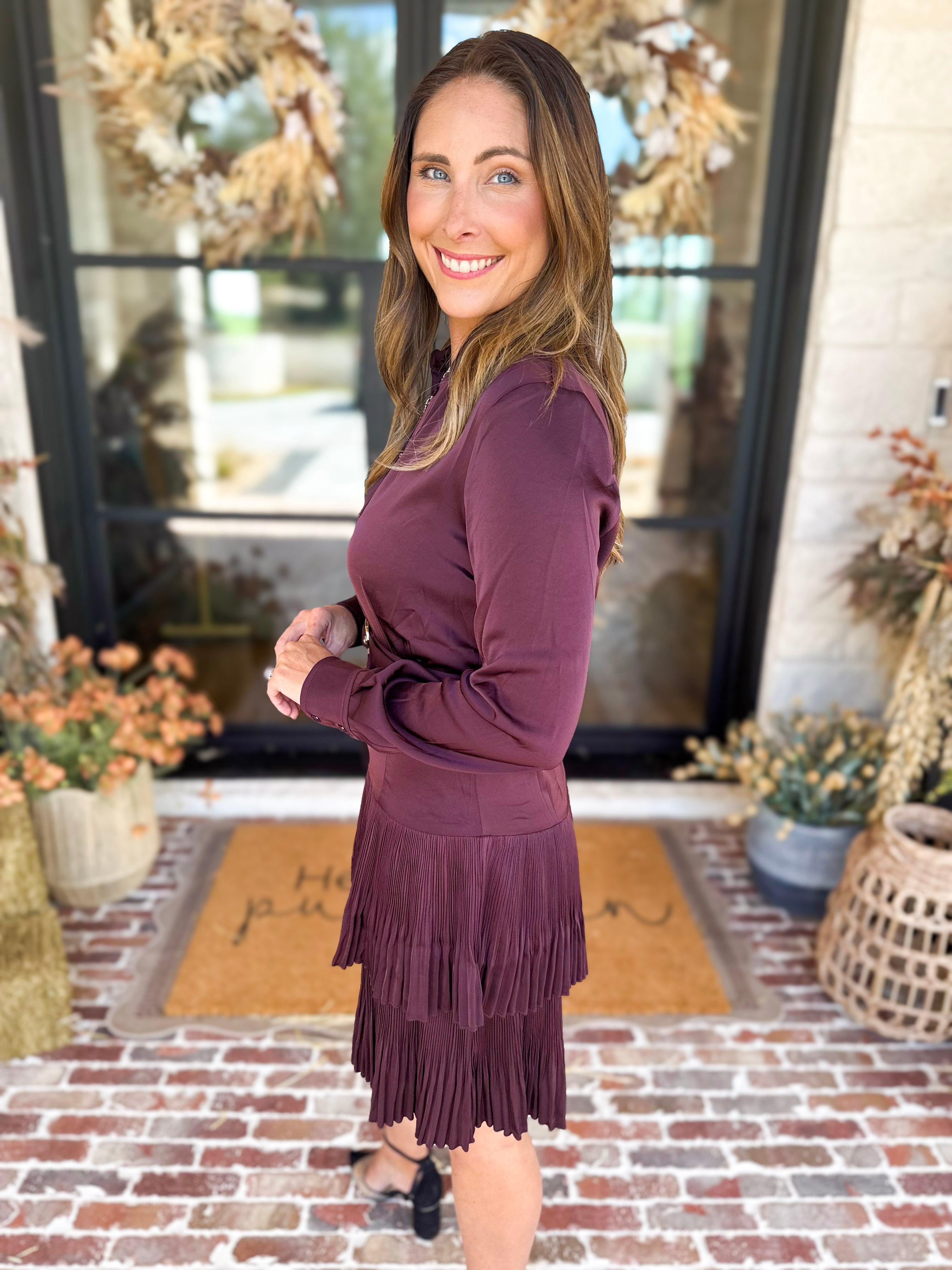 Current Air - Bordeaux Pleated Satin Mini Dress-510 Mini-CURRENT AIR CLOTHING-July & June Women's Fashion Boutique Located in San Antonio, Texas