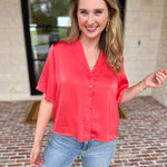 LIVERPOOL - Short Sleeve Satin Top - Sunset Coral-200 Fashion Blouses-LIVERPOOL JEANS COMPANY-July & June Women's Fashion Boutique Located in San Antonio, Texas