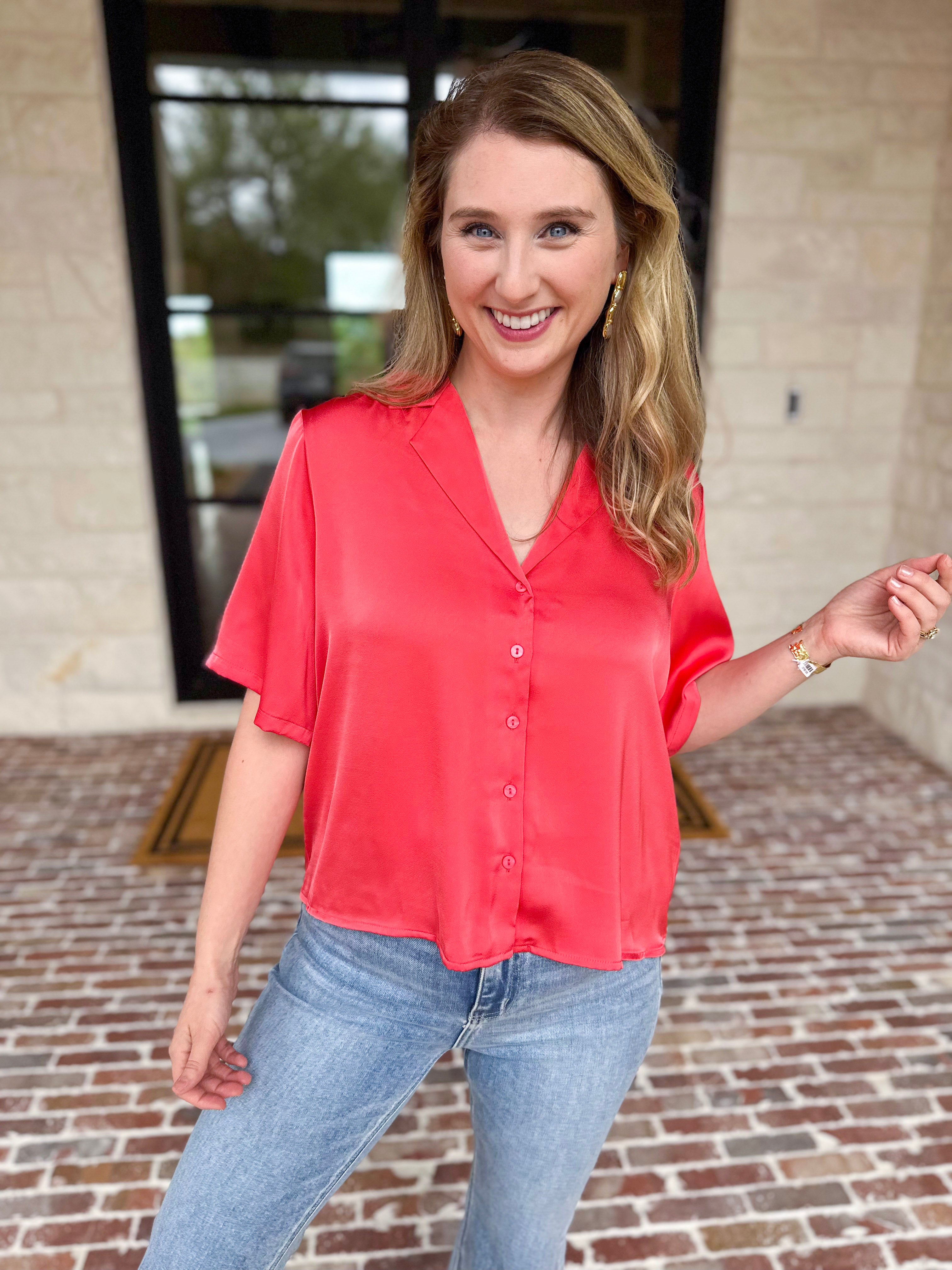 LIVERPOOL - Short Sleeve Satin Top - Sunset Coral-200 Fashion Blouses-LIVERPOOL JEANS COMPANY-July & June Women's Fashion Boutique Located in San Antonio, Texas