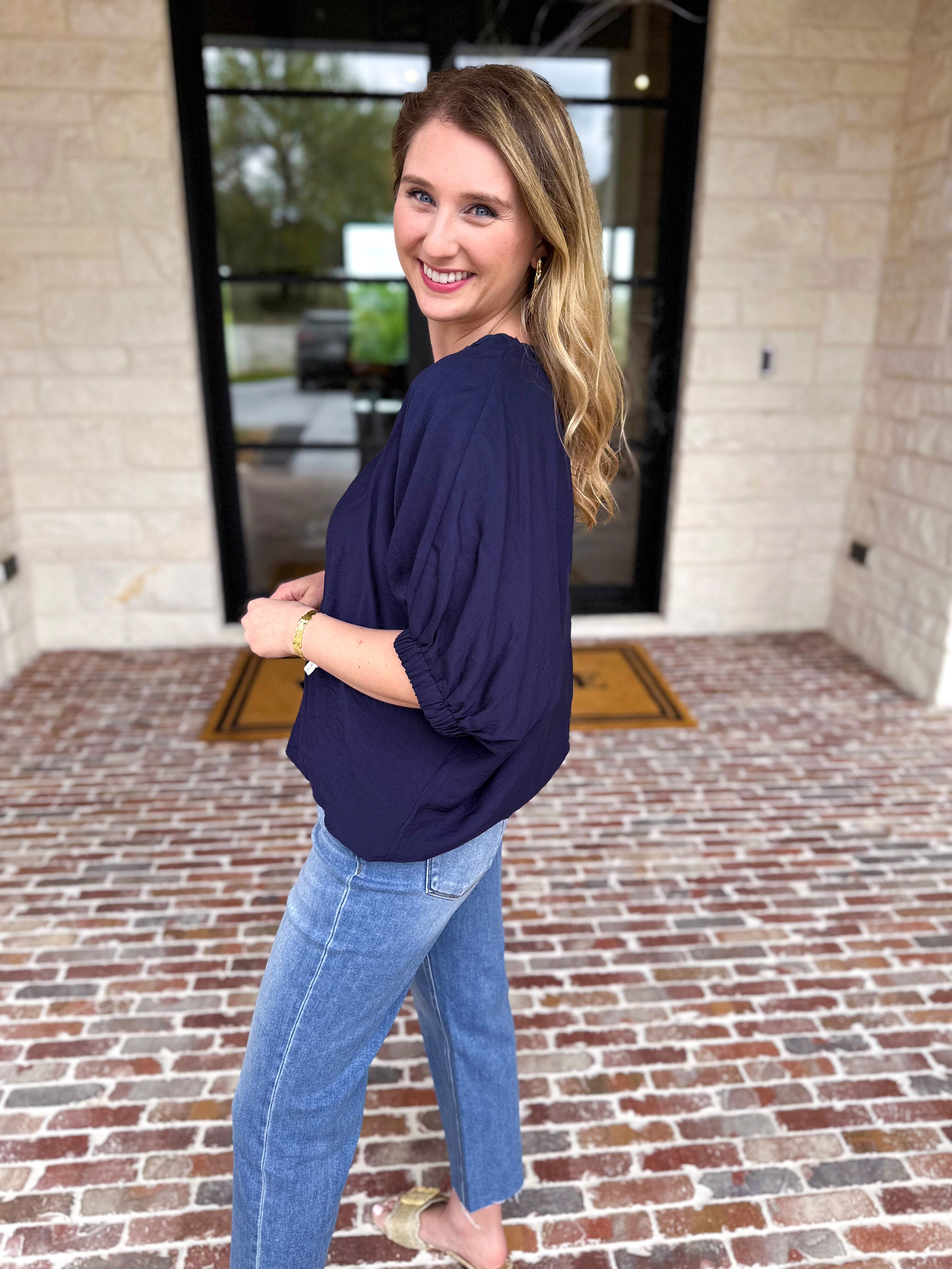 Braided Blouse - Navy-200 Fashion Blouses-ENTRO-July & June Women's Fashion Boutique Located in San Antonio, Texas