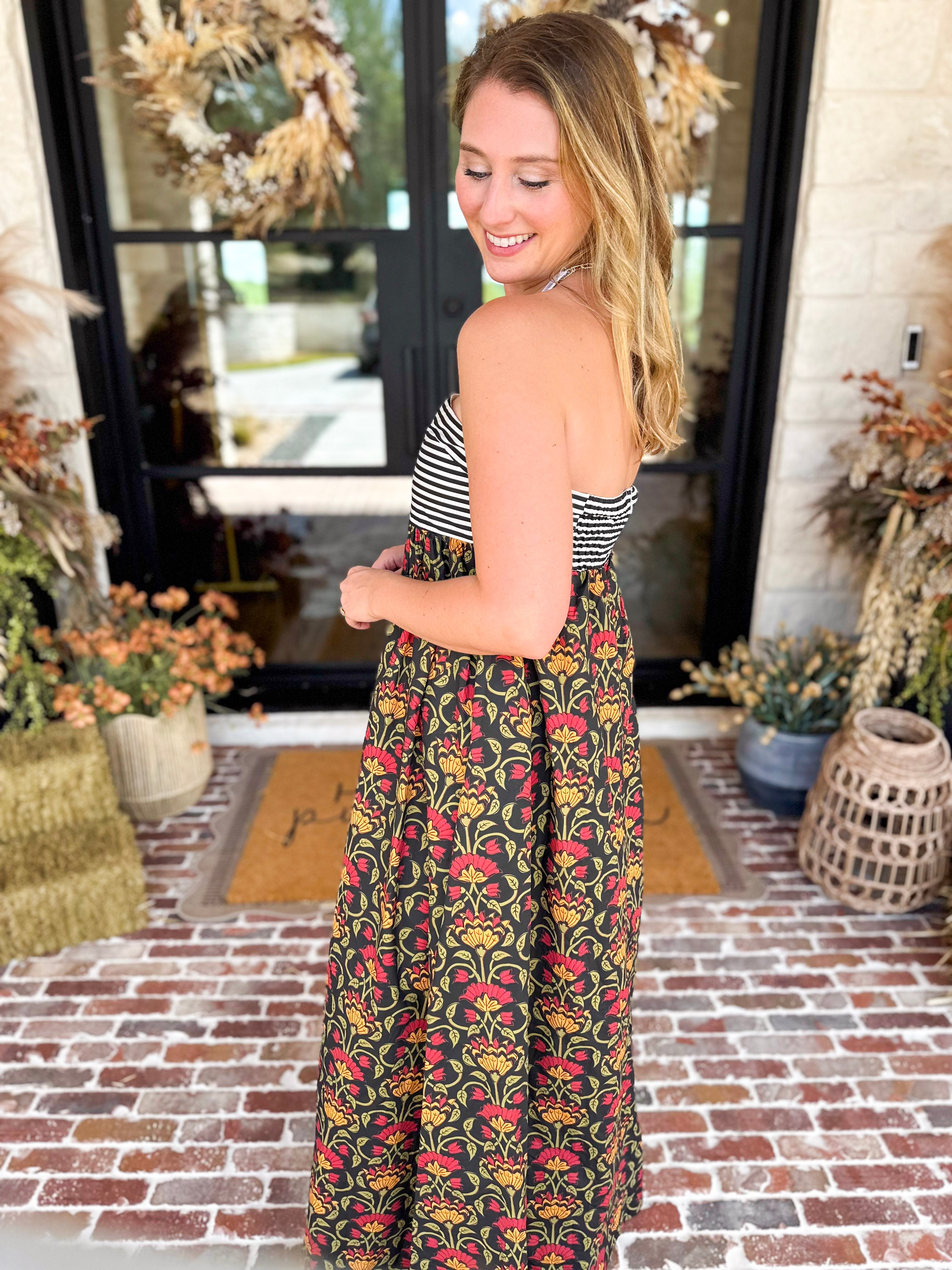 Floral & Stripes Strapless Maxi Dress-500 Midi-TCEC-July & June Women's Fashion Boutique Located in San Antonio, Texas