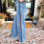 Denim & Suede Trim Drawstring Pants-400 Pants-SKIES ARE BLUE-July & June Women's Fashion Boutique Located in San Antonio, Texas