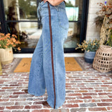 Denim & Suede Trim Drawstring Pants-400 Pants-SKIES ARE BLUE-July & June Women's Fashion Boutique Located in San Antonio, Texas