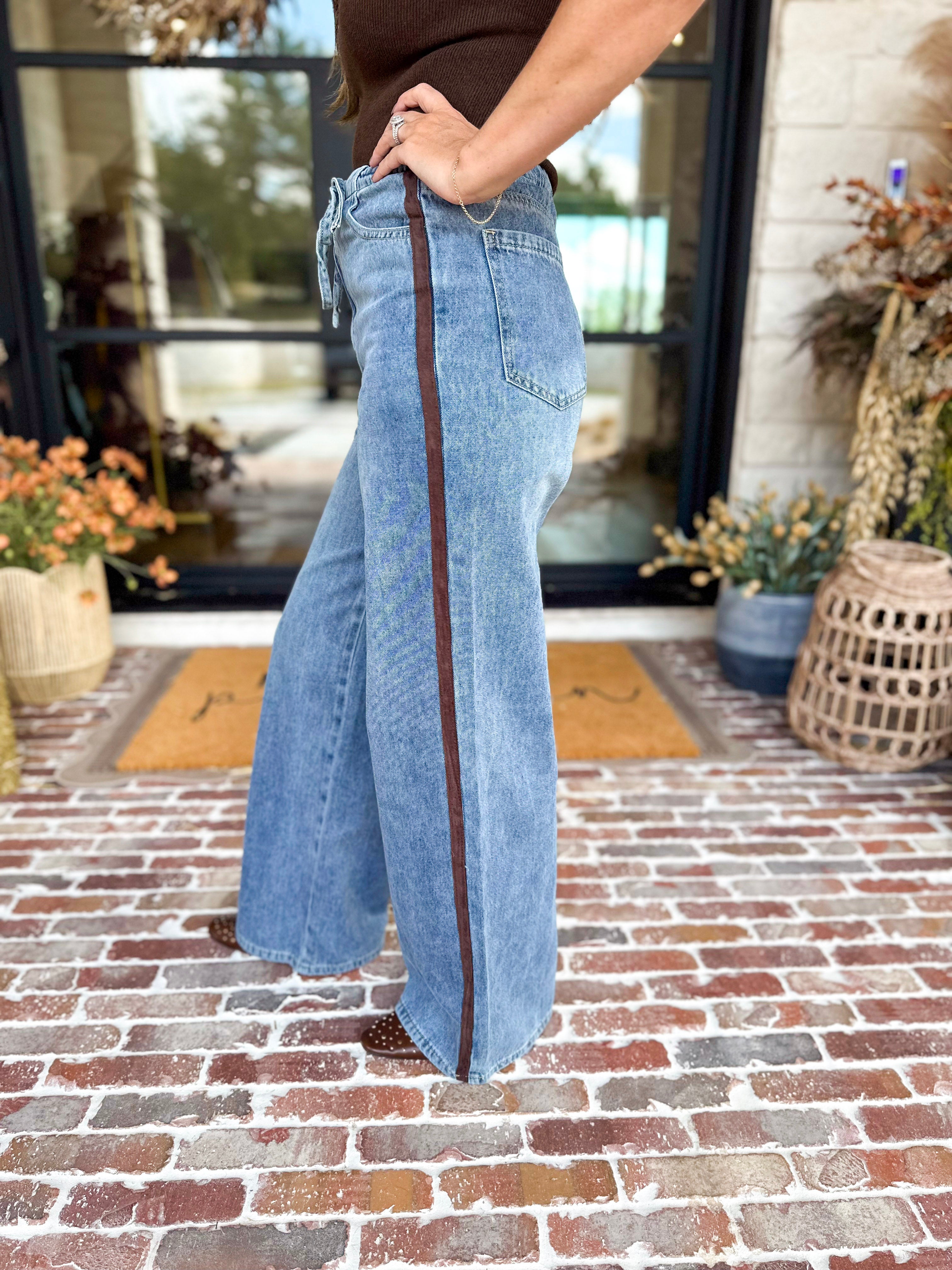 Denim & Suede Trim Drawstring Pants-400 Pants-SKIES ARE BLUE-July & June Women's Fashion Boutique Located in San Antonio, Texas