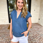 Current Air - Chambray Details Blouse-200 Fashion Blouses-CURRENT AIR CLOTHING-July & June Women's Fashion Boutique Located in San Antonio, Texas