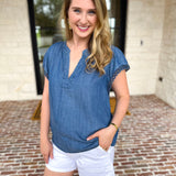 Current Air - Chambray Details Blouse-200 Fashion Blouses-CURRENT AIR CLOTHING-July & June Women's Fashion Boutique Located in San Antonio, Texas