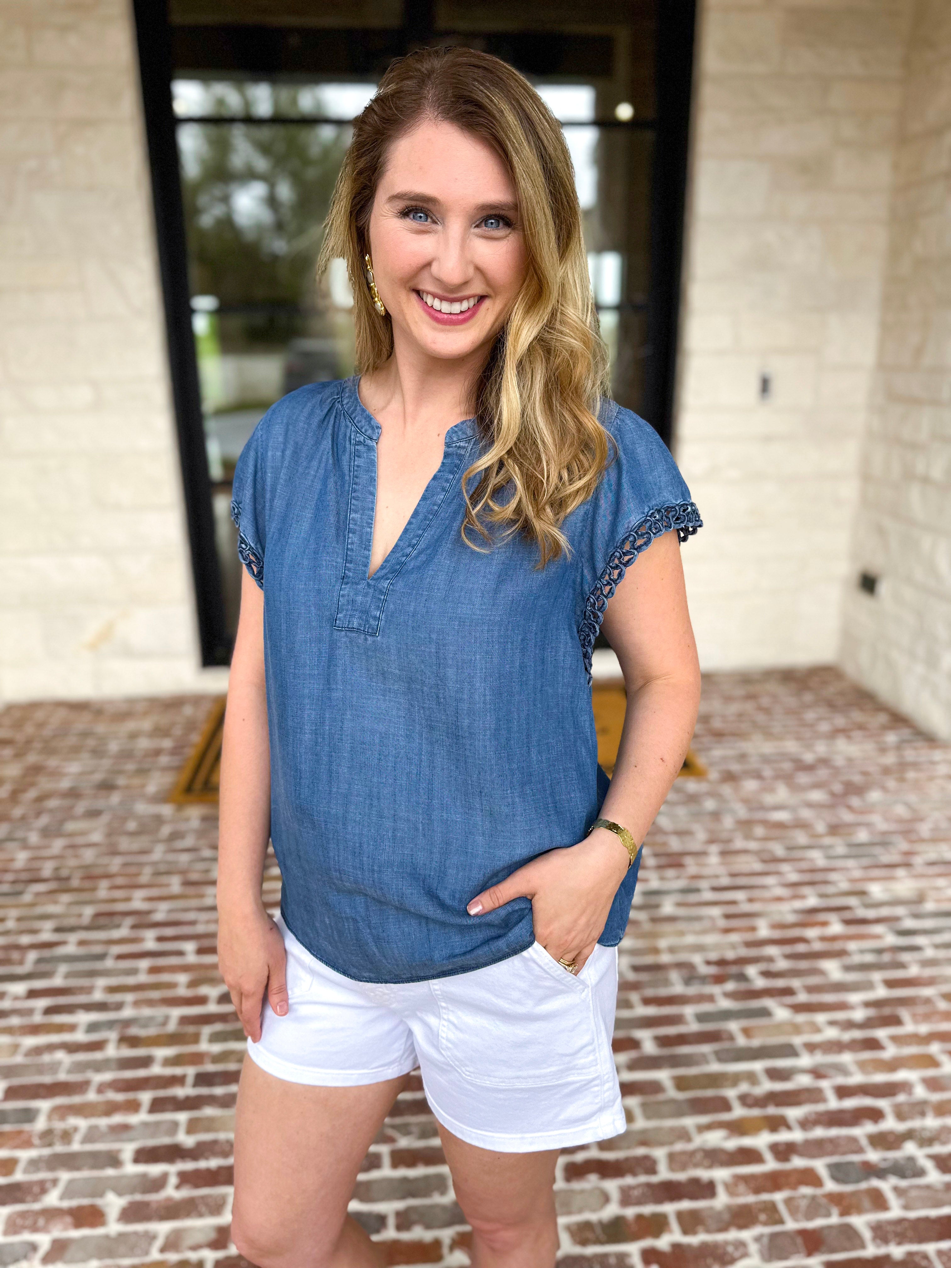 Current Air - Chambray Details Blouse-200 Fashion Blouses-CURRENT AIR CLOTHING-July & June Women's Fashion Boutique Located in San Antonio, Texas