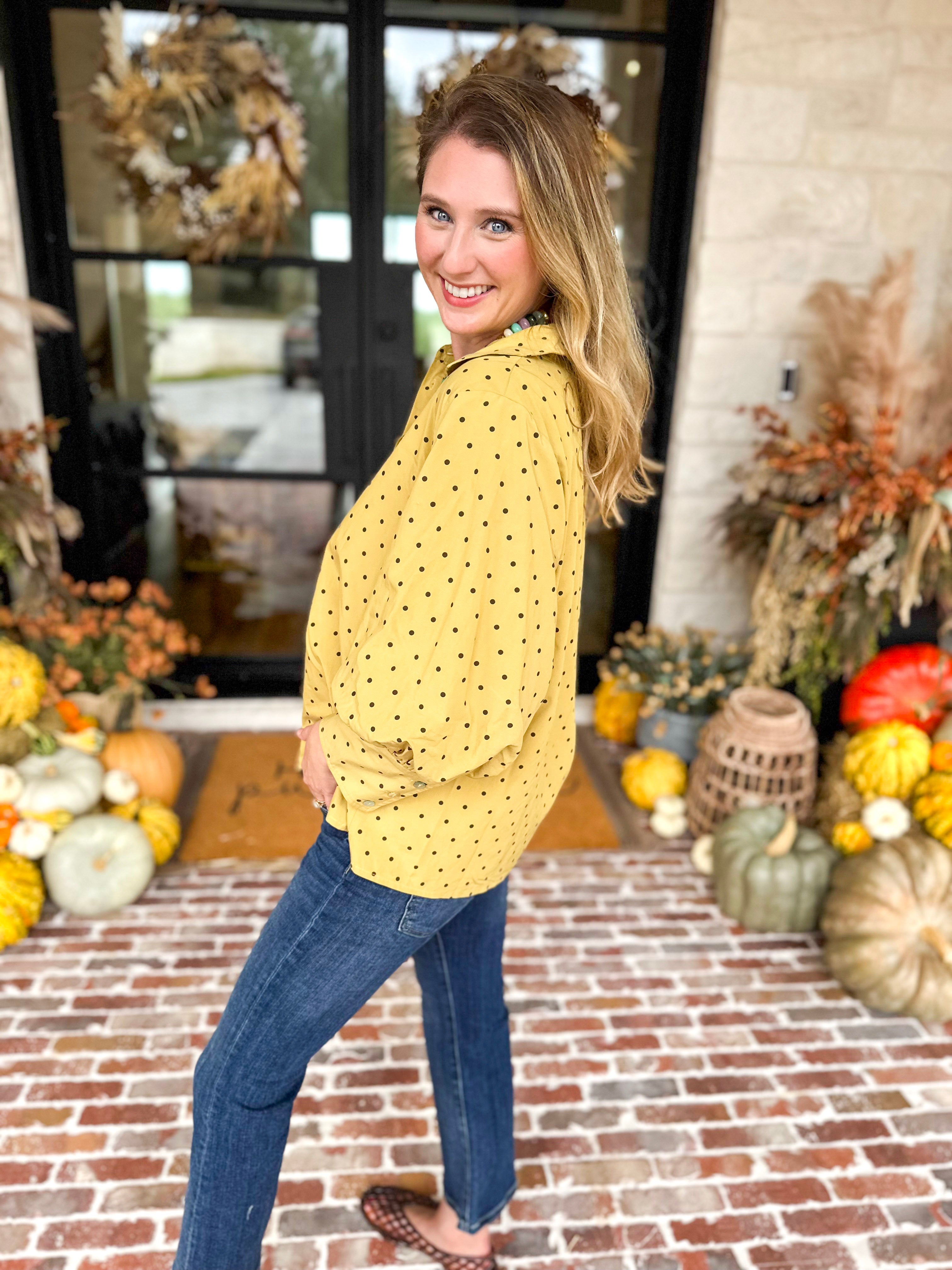 Golden Bubble Sleeve Blouse-200 Fashion Blouses-JODIFL-July & June Women's Fashion Boutique Located in San Antonio, Texas