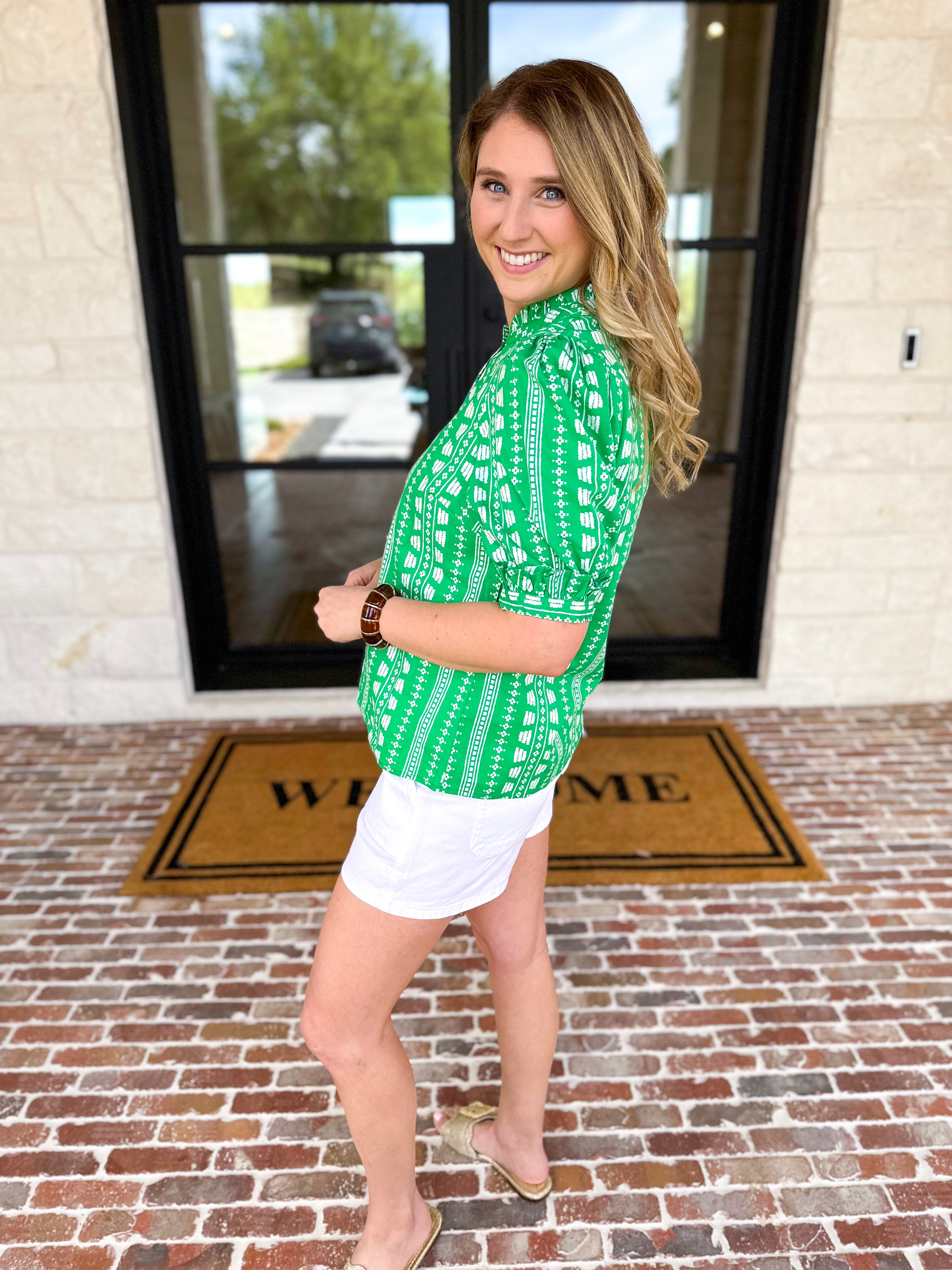 Mary Square - Colette Heritage Green Blouse-200 Fashion Blouses-MARY SQUARE-July & June Women's Fashion Boutique Located in San Antonio, Texas
