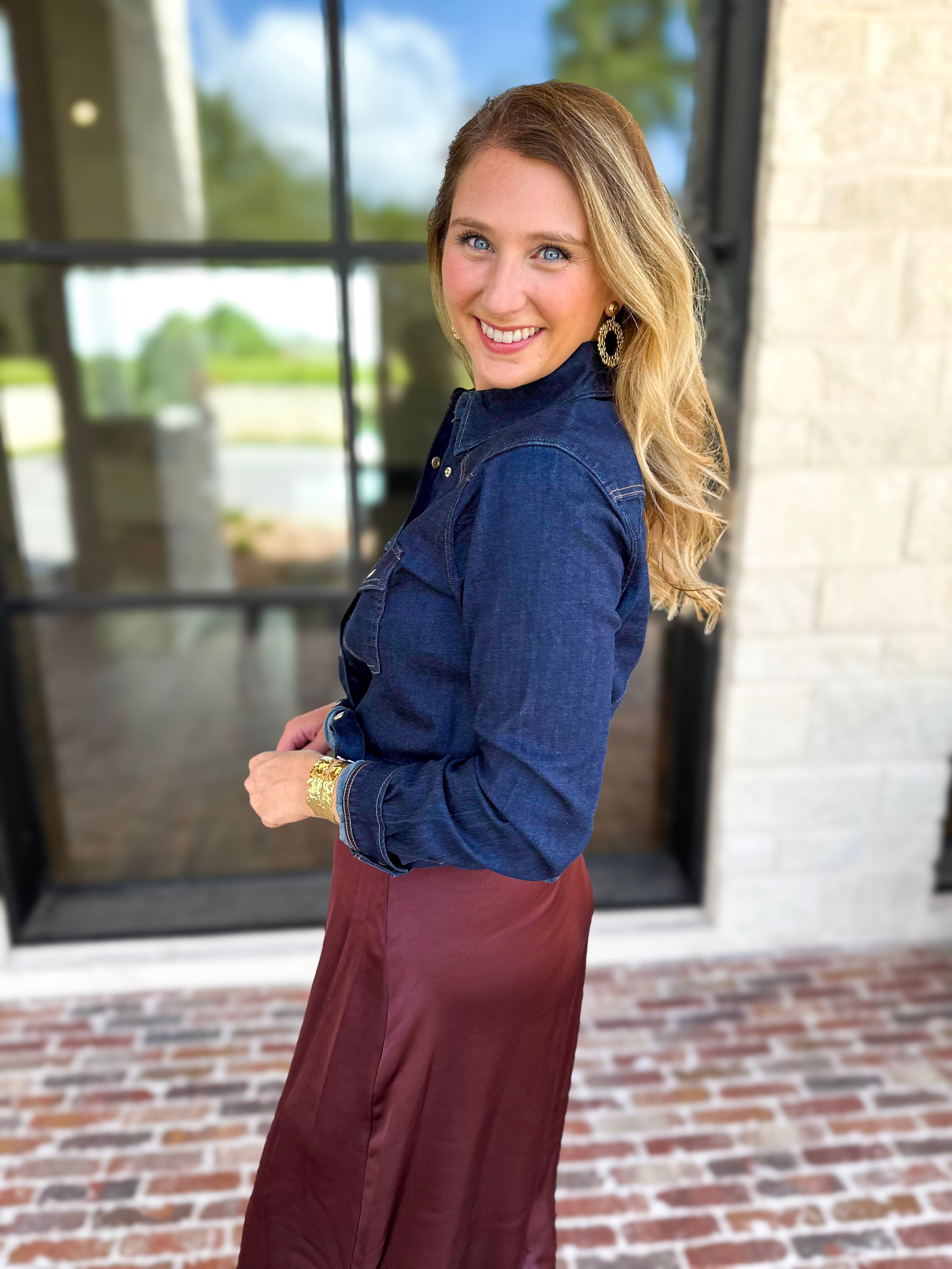 Liverpool - The Dakota Denim Button Down-200 Fashion Blouses-LIVERPOOL JEANS COMPANY-July & June Women's Fashion Boutique Located in San Antonio, Texas