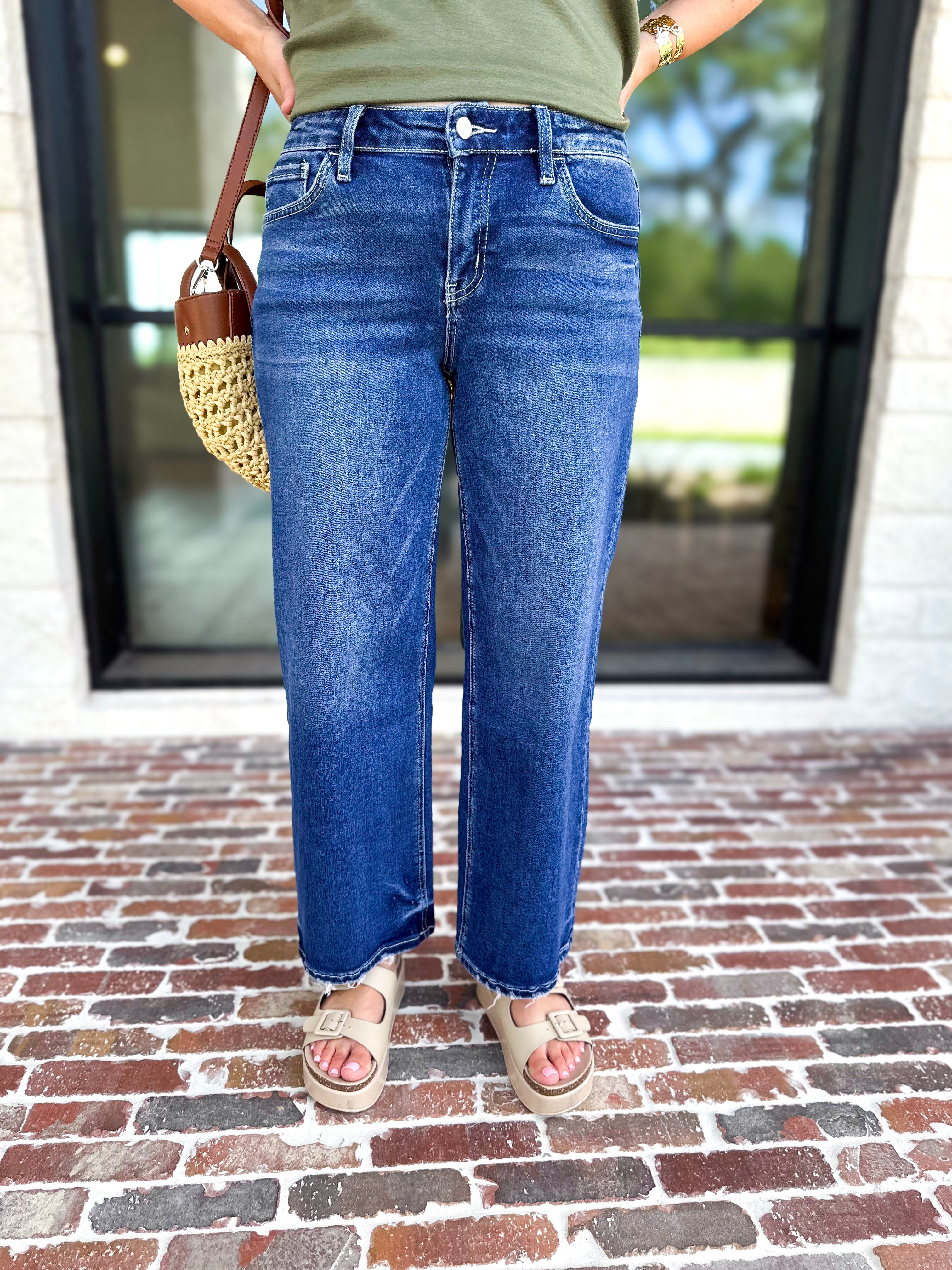 Vervet - Mid Rise Dark Wash Ankle Wide Leg Jeans-420 Denim-VEVERT BY FLYING MONKEY-July & June Women's Fashion Boutique Located in San Antonio, Texas