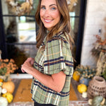 THML - Groves Plaid Ruffle Neck Blouse-200 Fashion Blouses-THML-July & June Women's Fashion Boutique Located in San Antonio, Texas