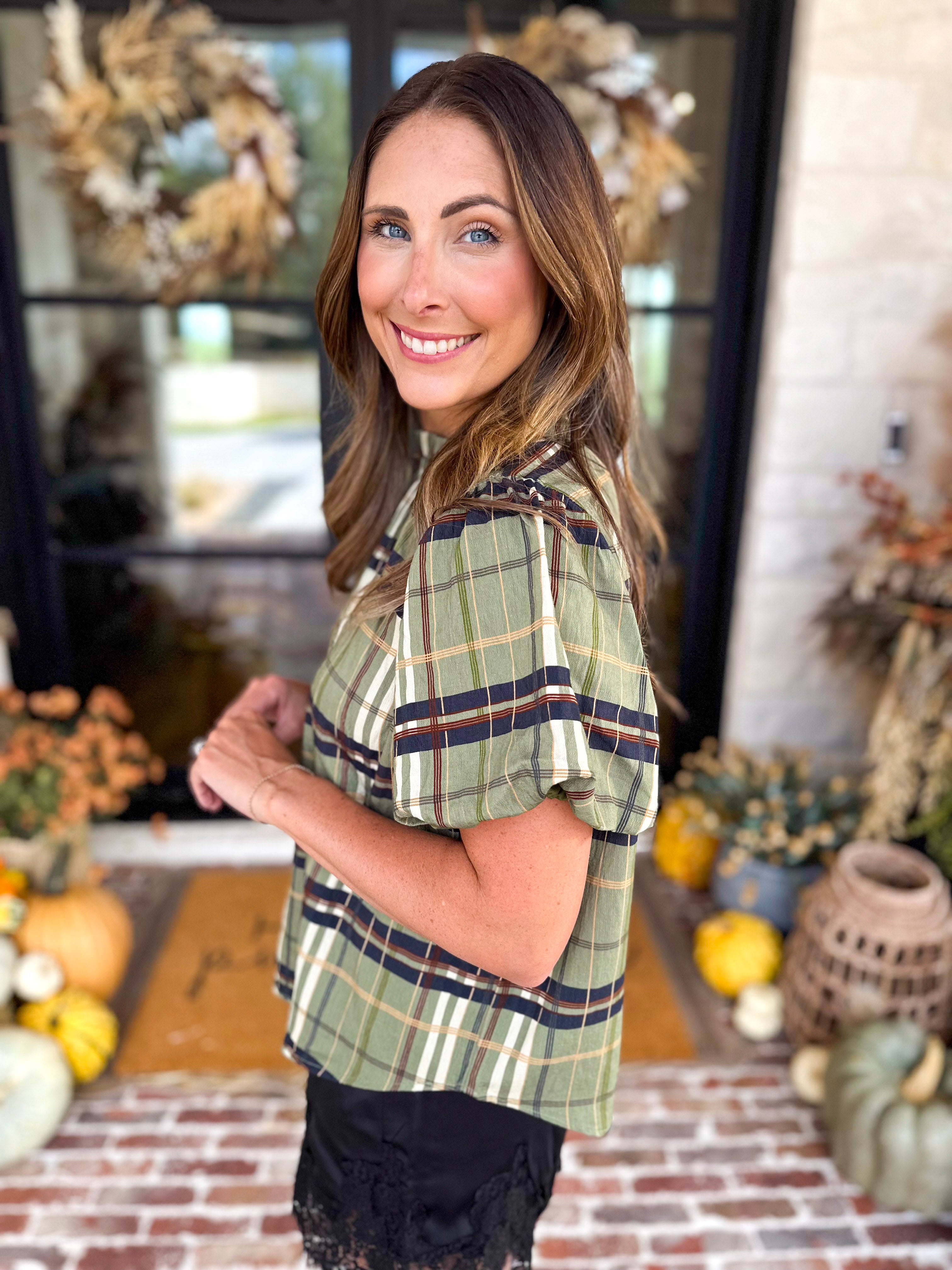 THML - Groves Plaid Ruffle Neck Blouse-200 Fashion Blouses-THML-July & June Women's Fashion Boutique Located in San Antonio, Texas