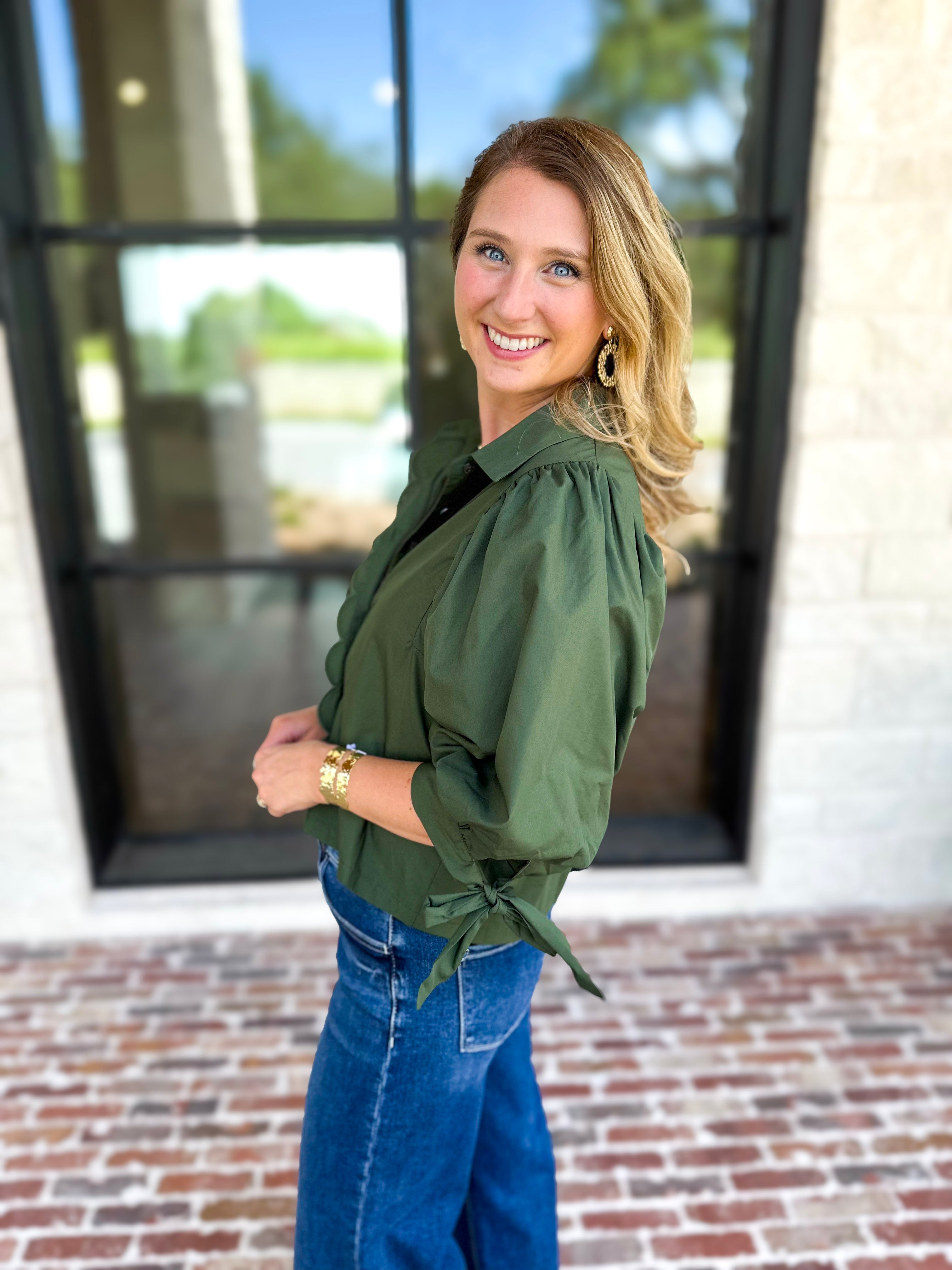 The Campbell Button Down Blouse - Forest-200 Fashion Blouses-ENTRO-July & June Women's Fashion Boutique Located in San Antonio, Texas