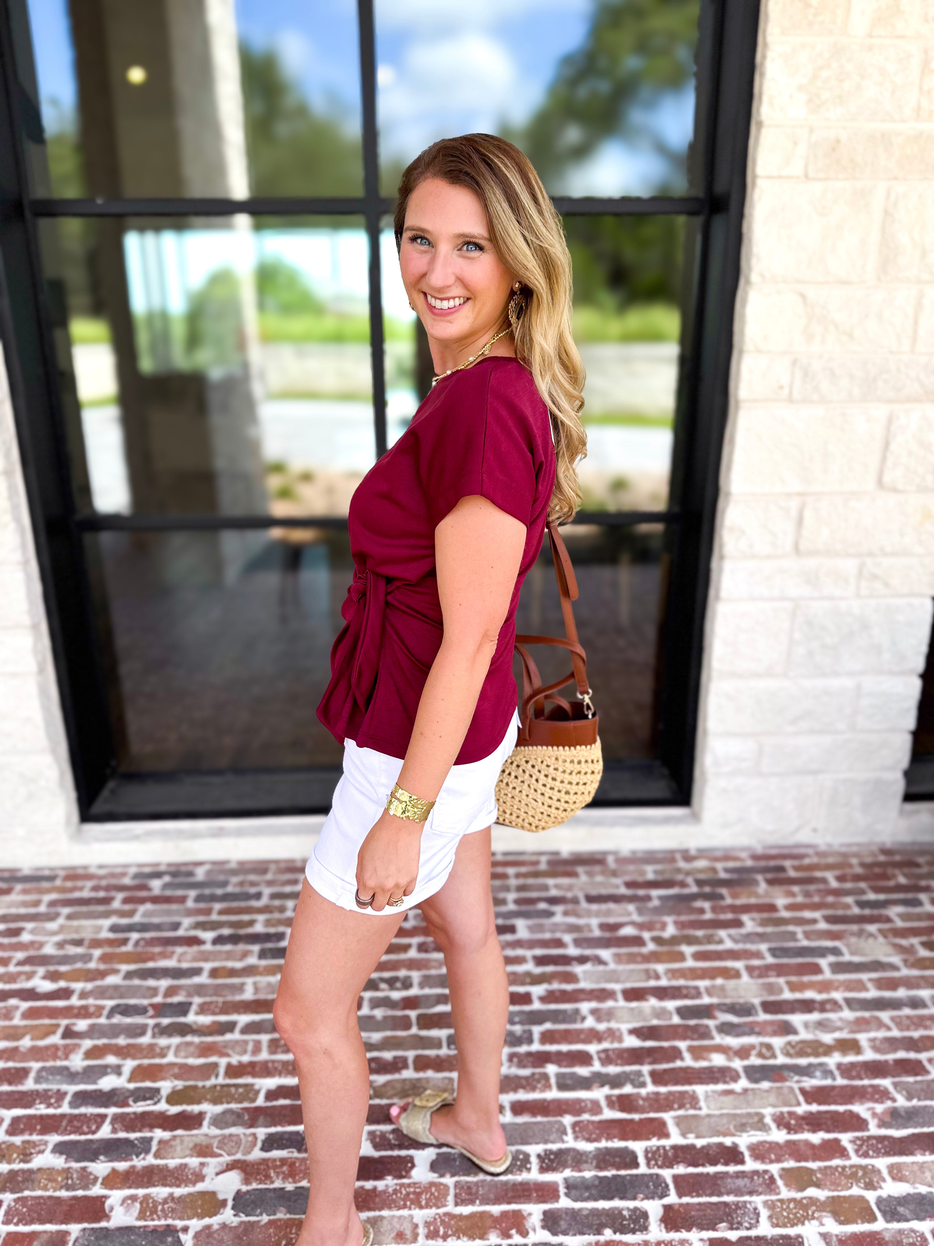 Essentials Knotted Blouse - Merlot-200 Fashion Blouses-ENTRO-July & June Women's Fashion Boutique Located in San Antonio, Texas