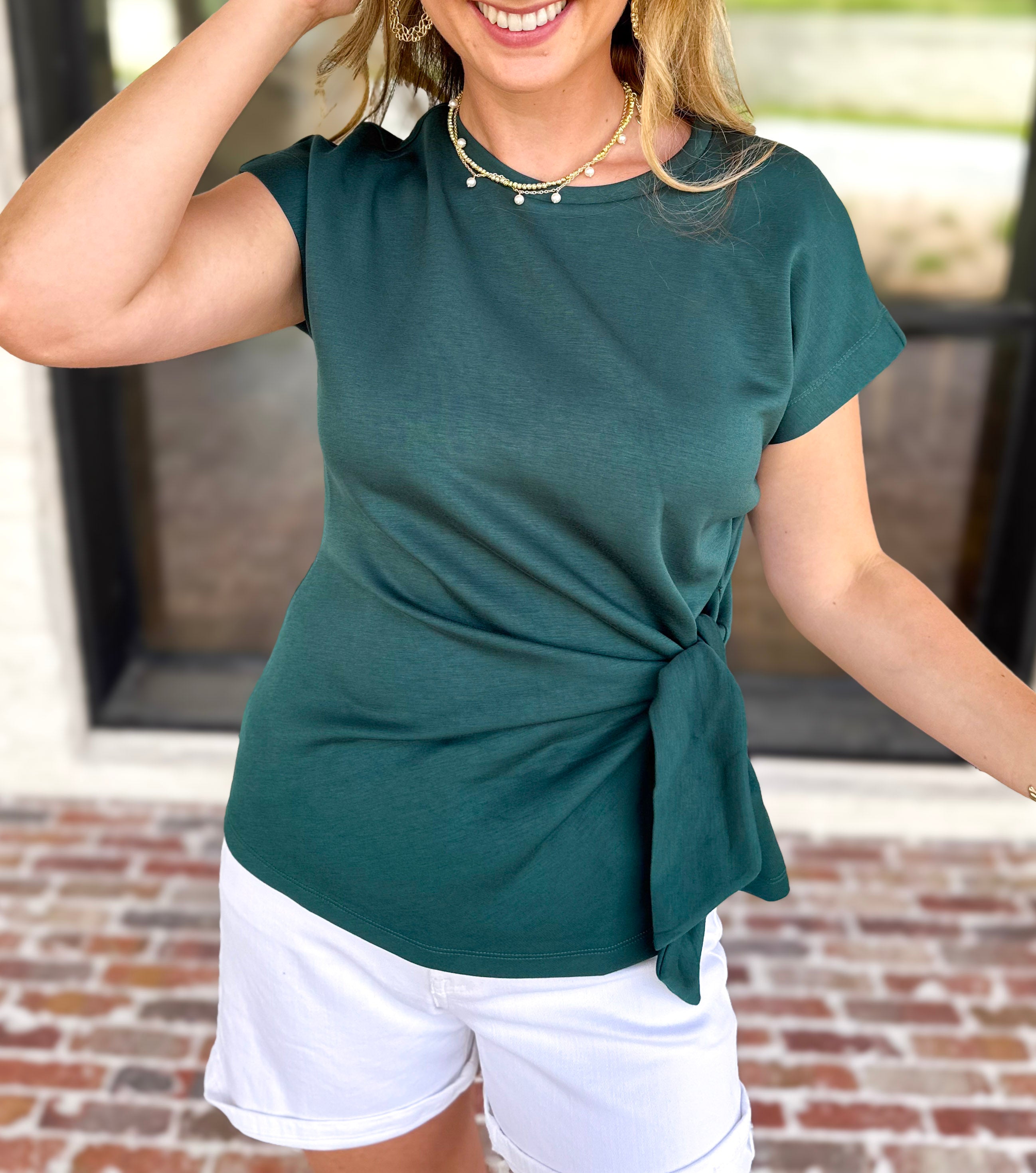 Essentials Knotted Blouse - Hunter Green-200 Fashion Blouses-ENTRO-July & June Women's Fashion Boutique Located in San Antonio, Texas