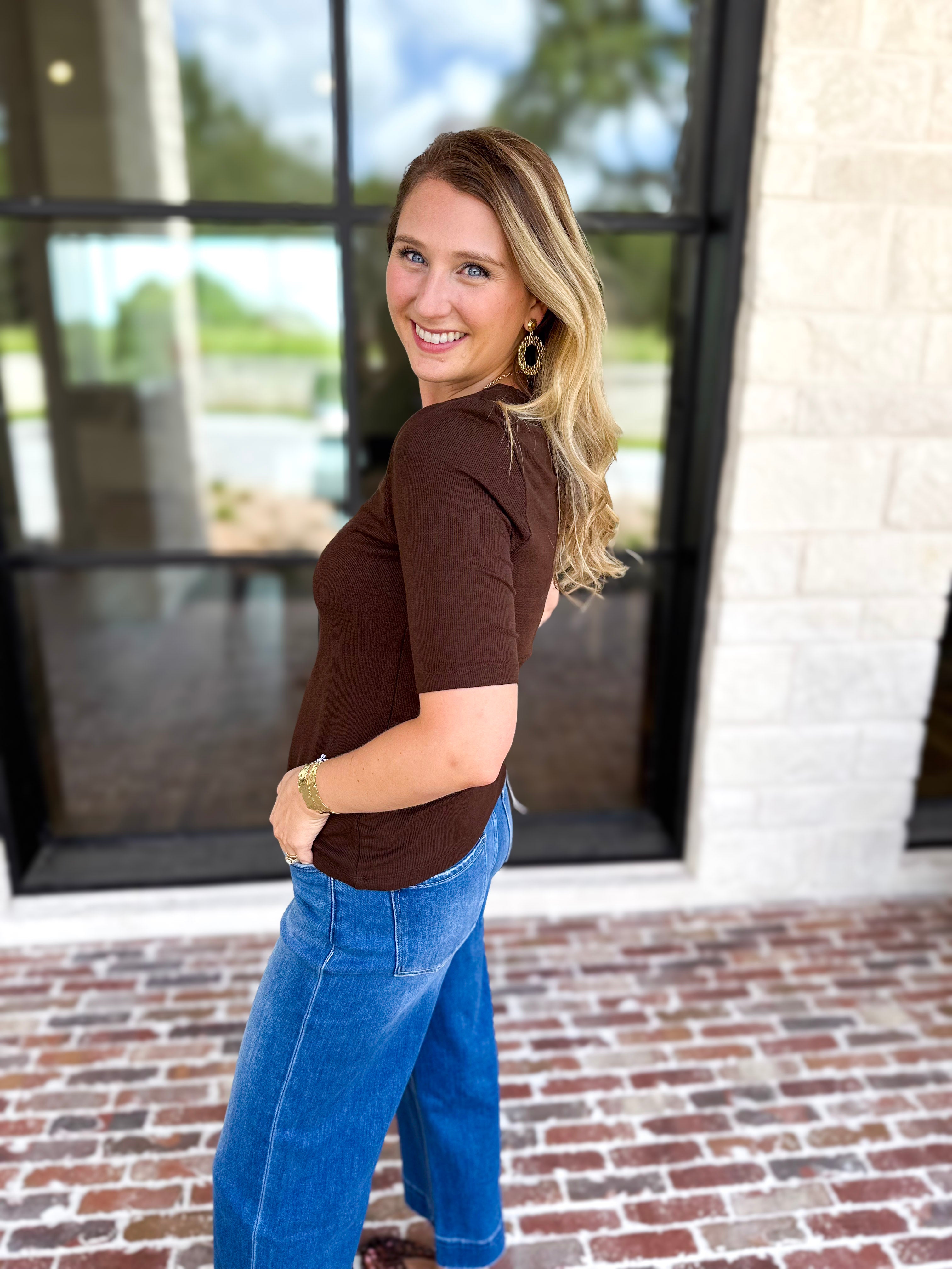 Liverpool - Double Layer V-Neck Top - Espresso-210 Casual Blouses-LIVERPOOL JEANS COMPANY-July & June Women's Fashion Boutique Located in San Antonio, Texas