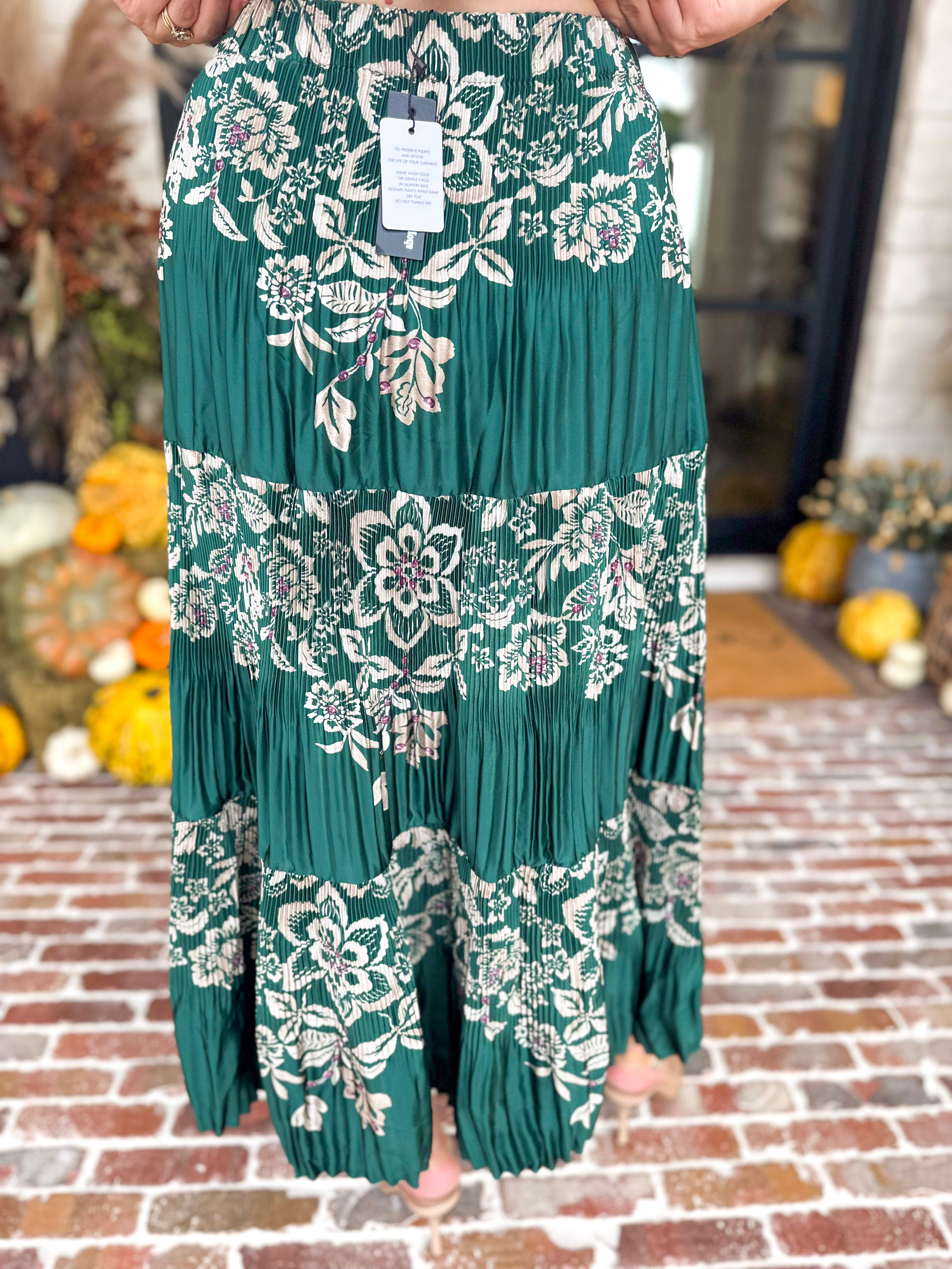 Current Air - Emerald Green Floral Pleated Midi Skirt-410 Shorts/Skirts-CURRENT AIR CLOTHING-July & June Women's Fashion Boutique Located in San Antonio, Texas