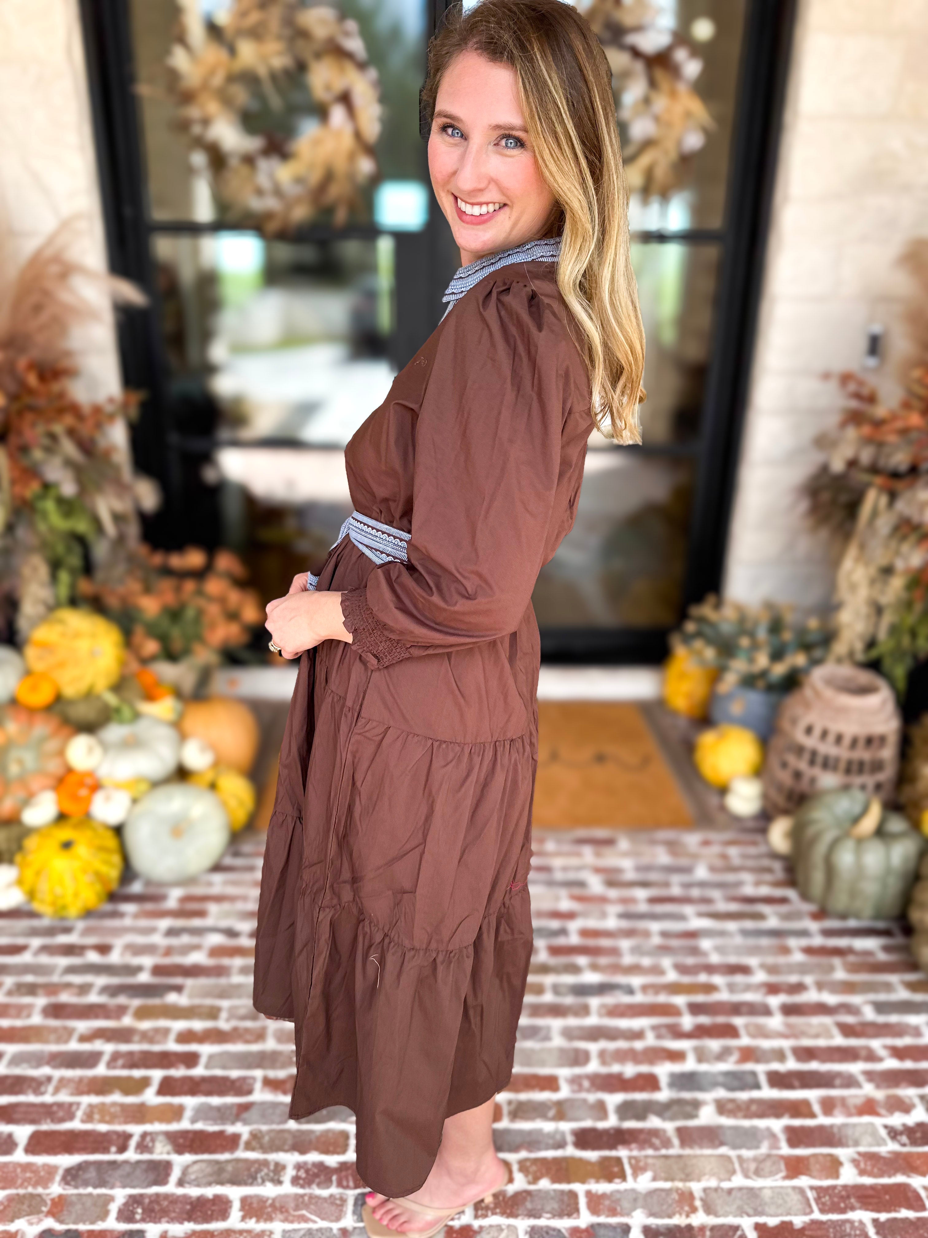 Mary Square - Lace Embroidered Brown Midi Dress-500 Midi-MARY SQUARE-July & June Women's Fashion Boutique Located in San Antonio, Texas