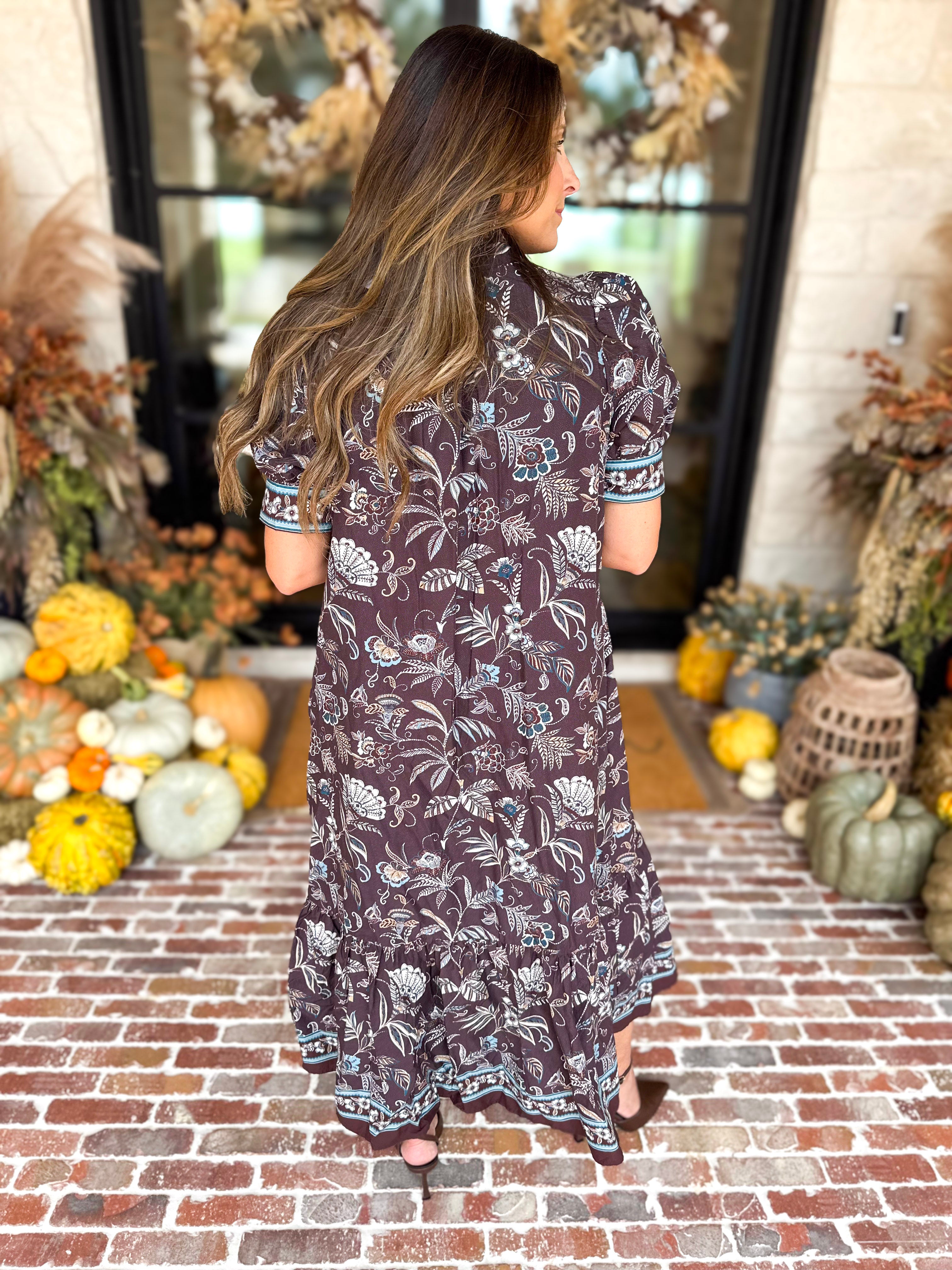 Fall Gardens Puff Sleeve Midi Dress-500 Midi-ENTRO-July & June Women's Fashion Boutique Located in San Antonio, Texas