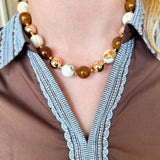 Gold Ball Beaded Necklace - Brown & Cream-110 Jewelry & Hair-Golden Lily-July & June Women's Fashion Boutique Located in San Antonio, Texas