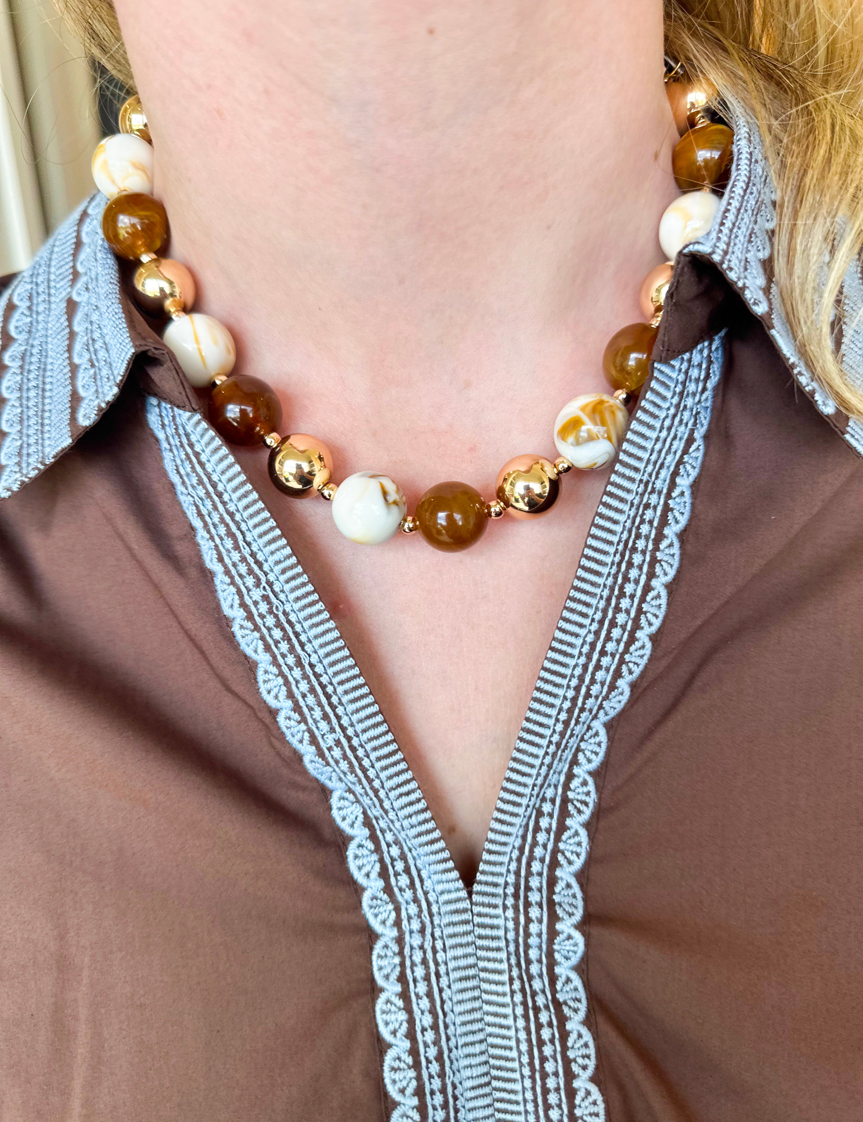 Gold Ball Beaded Necklace - Brown & Cream-110 Jewelry & Hair-Golden Lily-July & June Women's Fashion Boutique Located in San Antonio, Texas