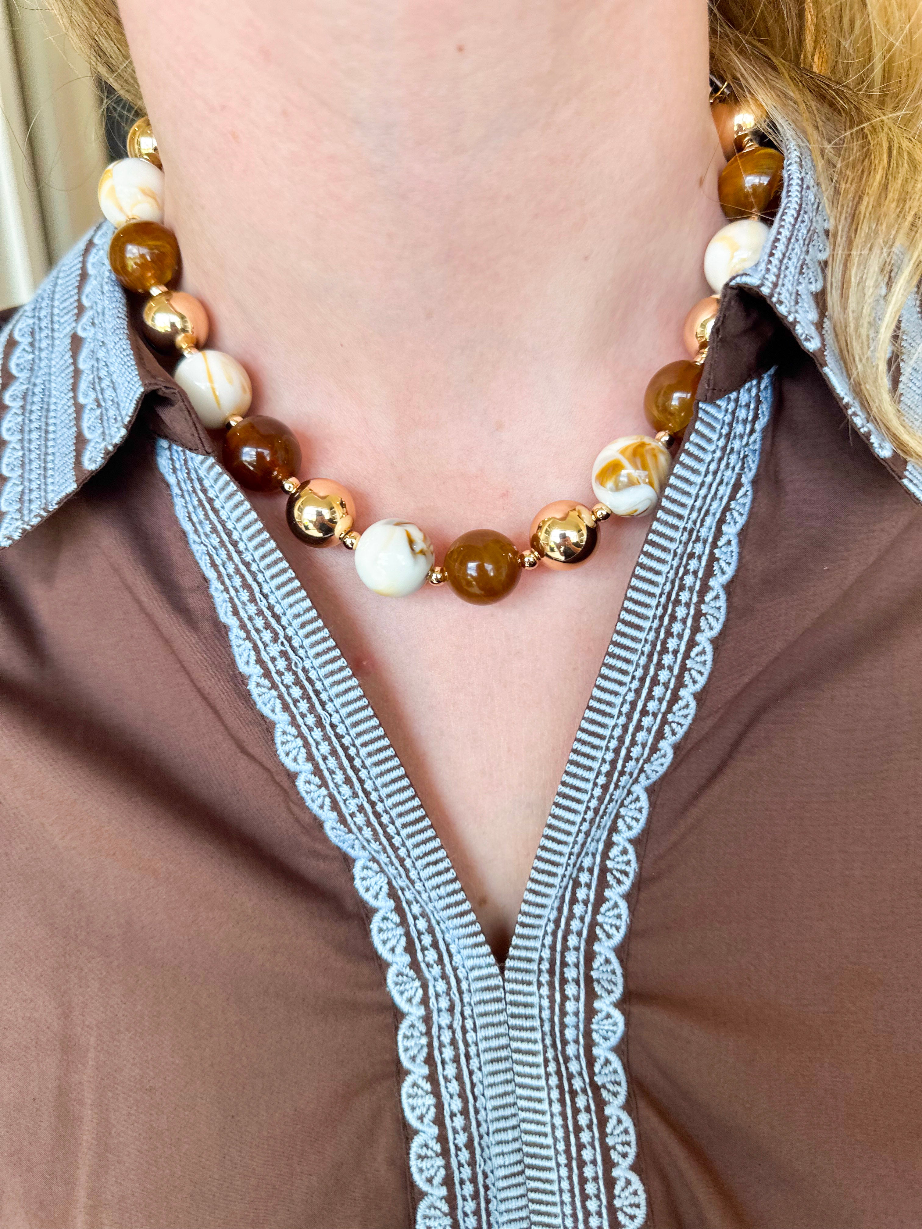 Gold Ball Beaded Necklace - Brown & Cream-110 Jewelry & Hair-Golden Lily-July & June Women's Fashion Boutique Located in San Antonio, Texas