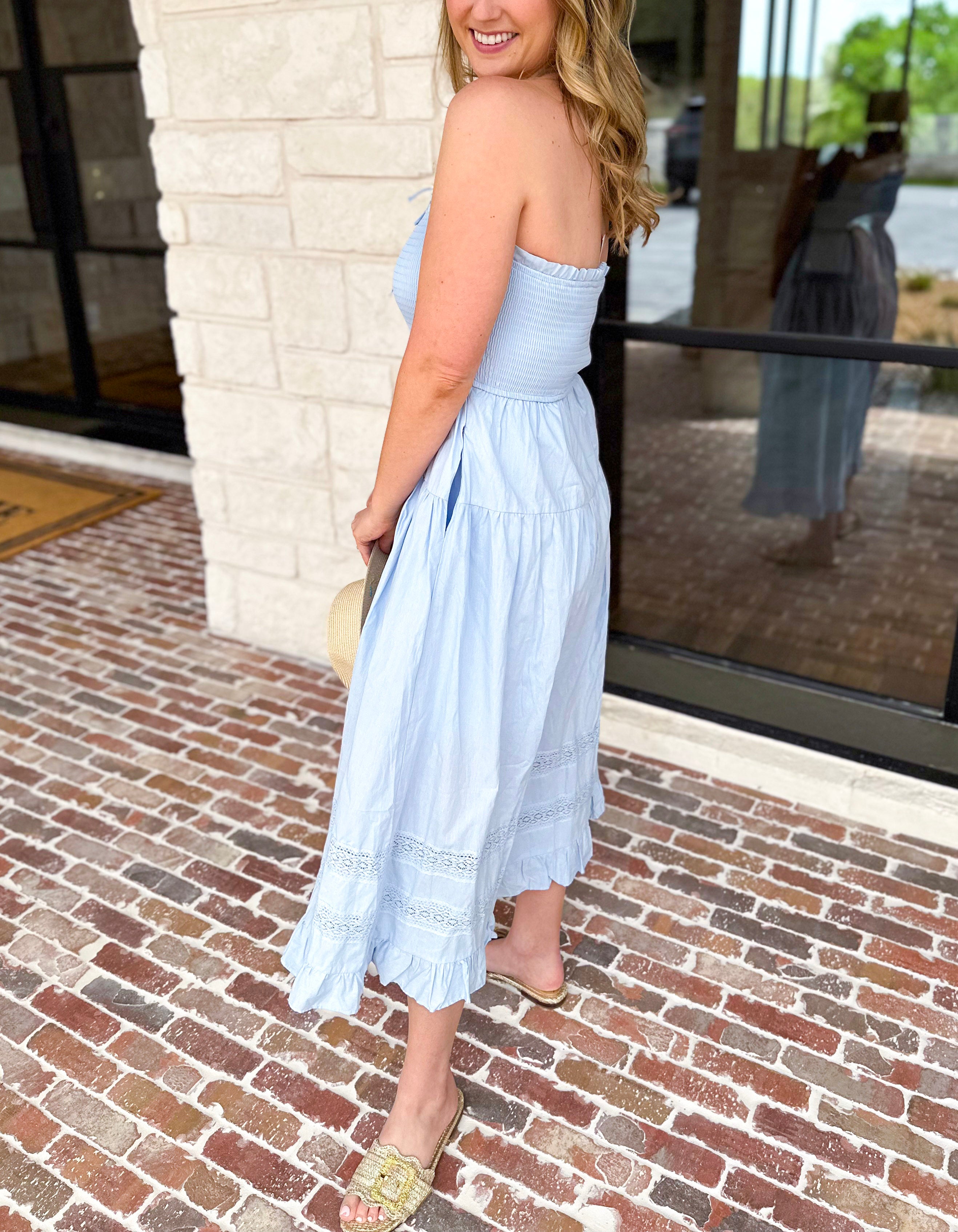 Sky Blue Strapless Midi Dress-500 Midi-MAIN STRIP-July & June Women's Fashion Boutique Located in San Antonio, Texas