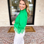 Current Air - Kelly Green Eyelet Lace Blouse-200 Fashion Blouses-CURRENT AIR CLOTHING-July & June Women's Fashion Boutique Located in San Antonio, Texas