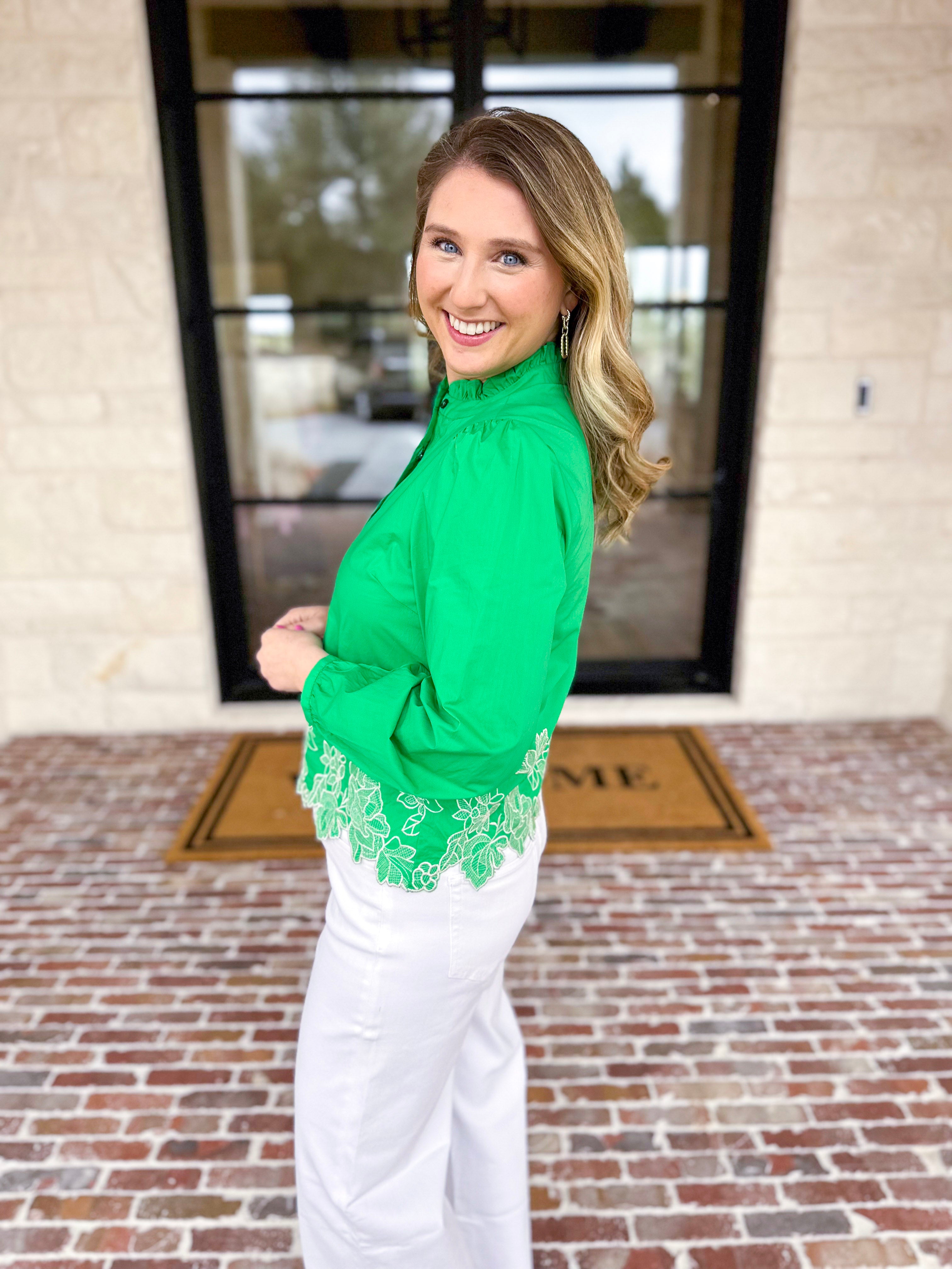 Current Air - Kelly Green Eyelet Lace Blouse-200 Fashion Blouses-CURRENT AIR CLOTHING-July & June Women's Fashion Boutique Located in San Antonio, Texas