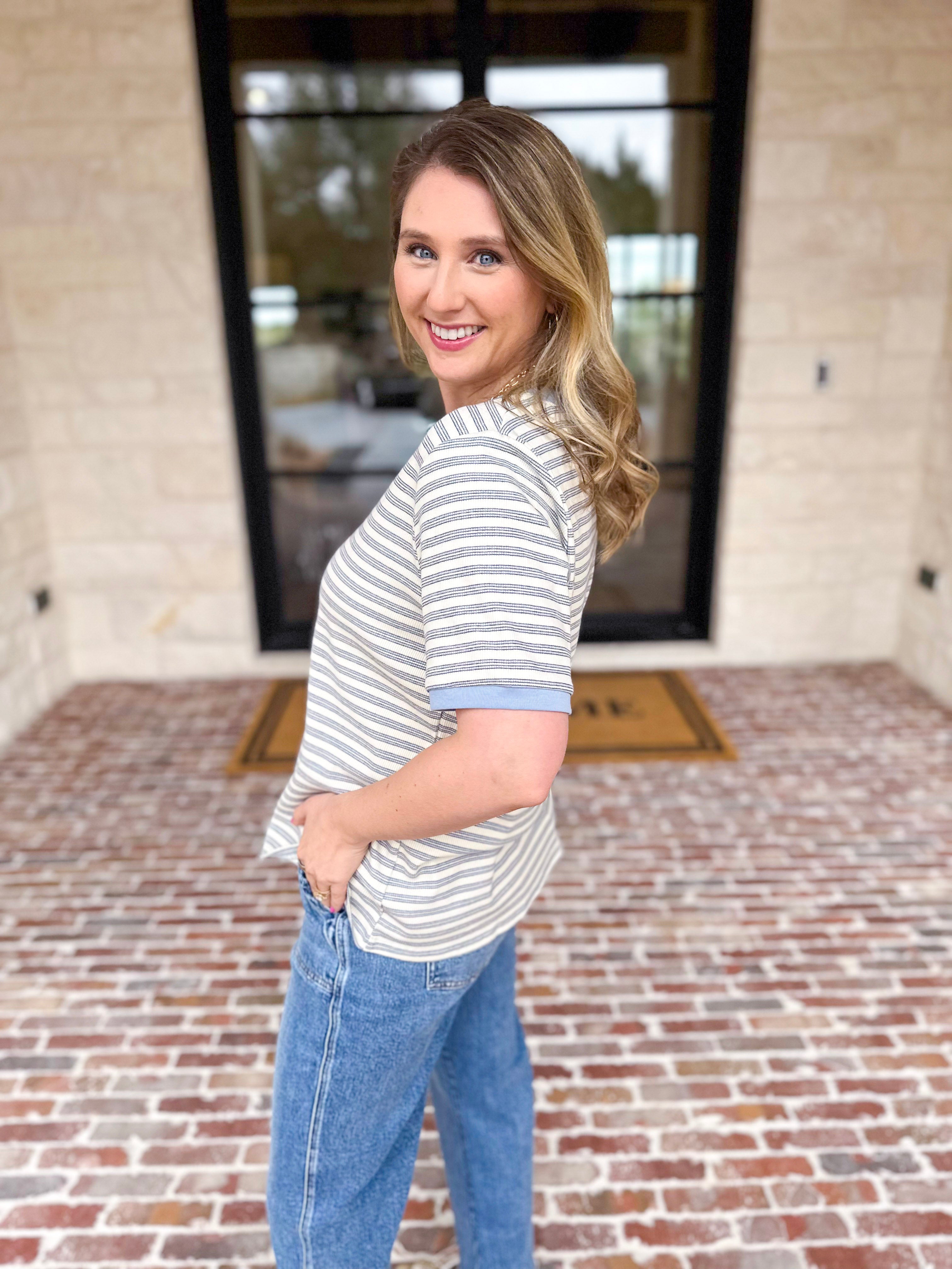 Casual Hangout Striped Tee - Blue-210 Casual Blouses-POLOGRAM-July & June Women's Fashion Boutique Located in San Antonio, Texas