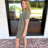 Striped Twist Mini Dress - Olive-510 Mini-ENTRO-July & June Women's Fashion Boutique Located in San Antonio, Texas