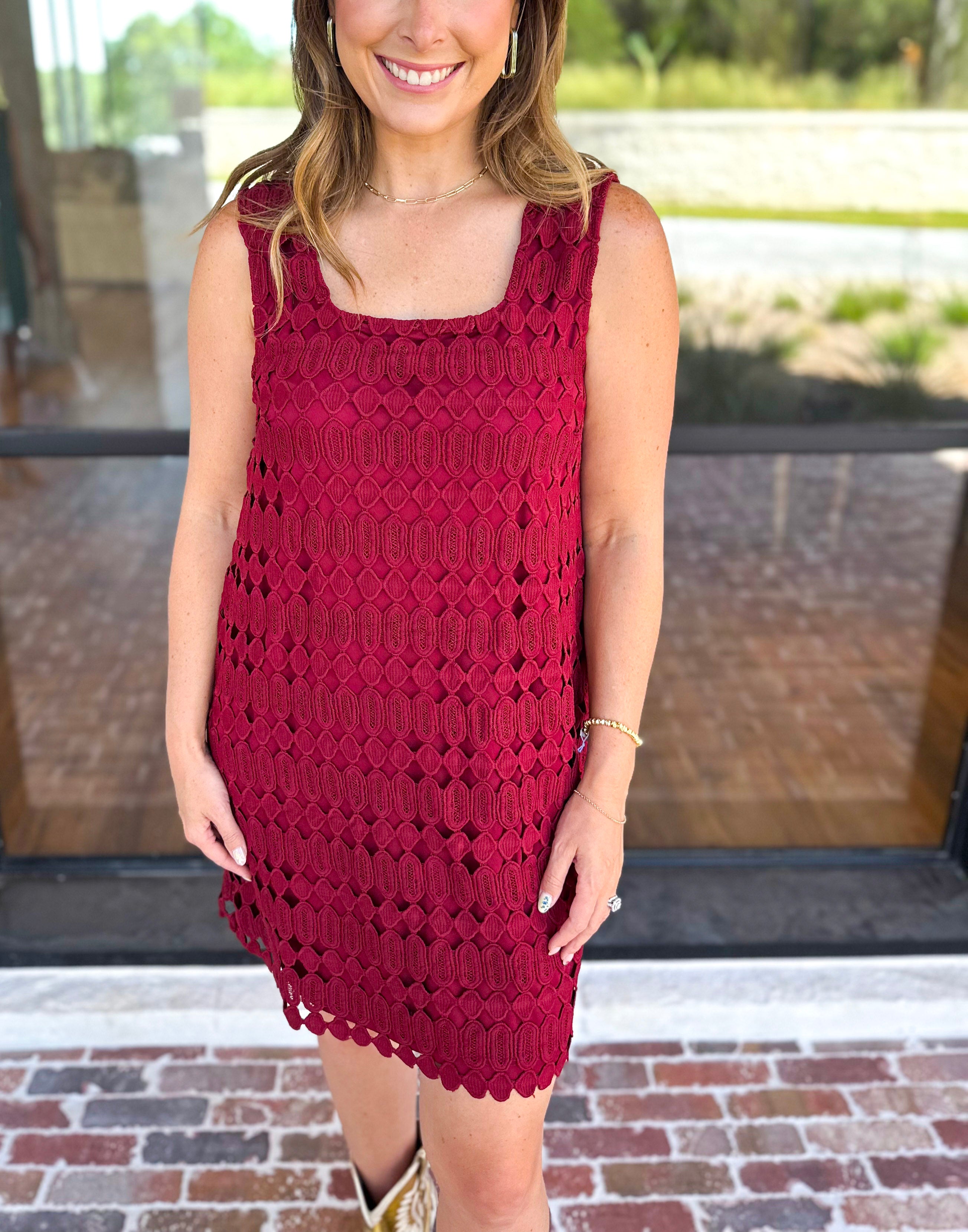 Crochet Overlay Mini Dress - Wine-510 Mini-ENTRO-July & June Women's Fashion Boutique Located in San Antonio, Texas
