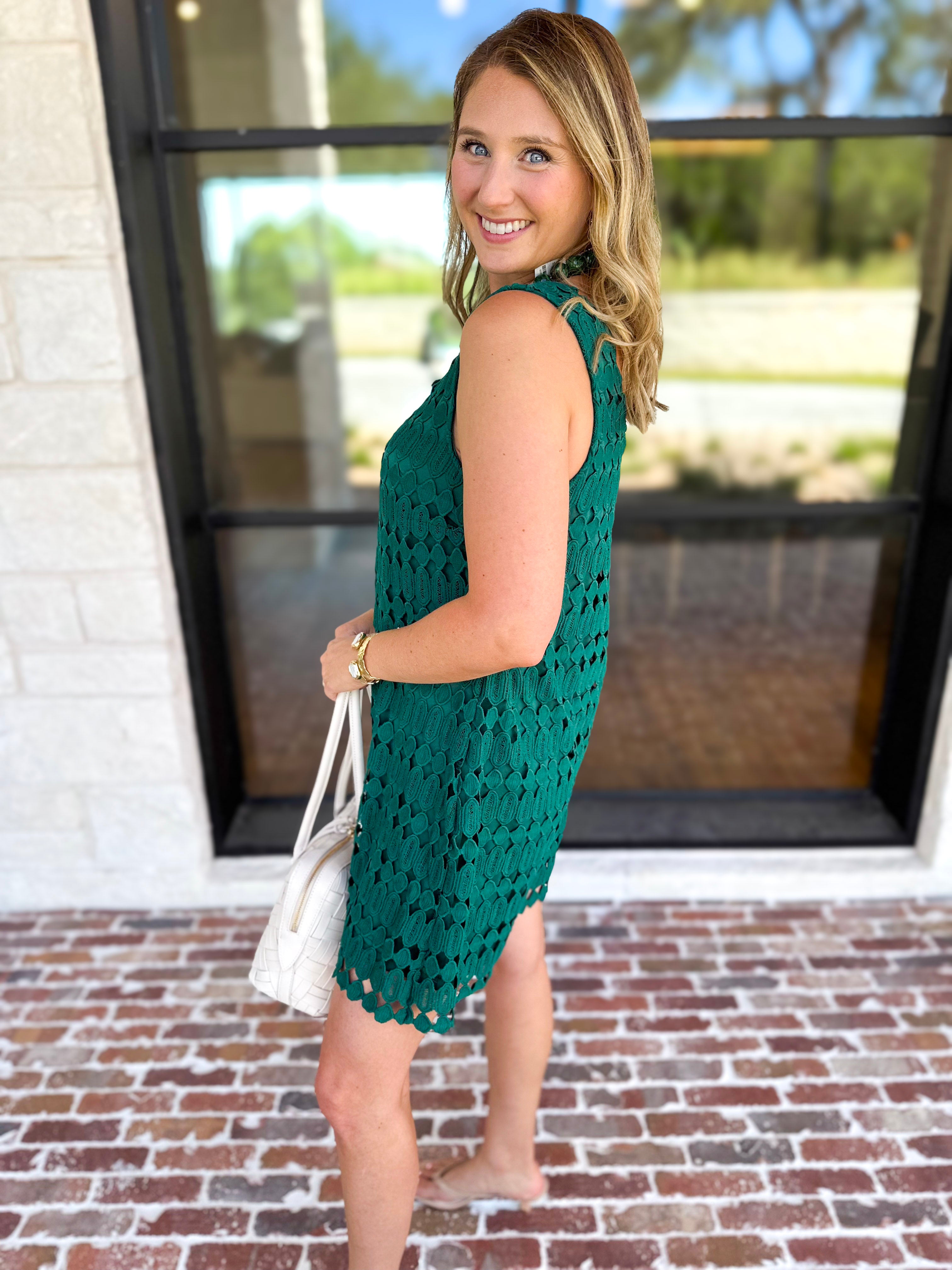 Crochet Overlay Mini Dress - Pine-510 Mini-ENTRO-July & June Women's Fashion Boutique Located in San Antonio, Texas