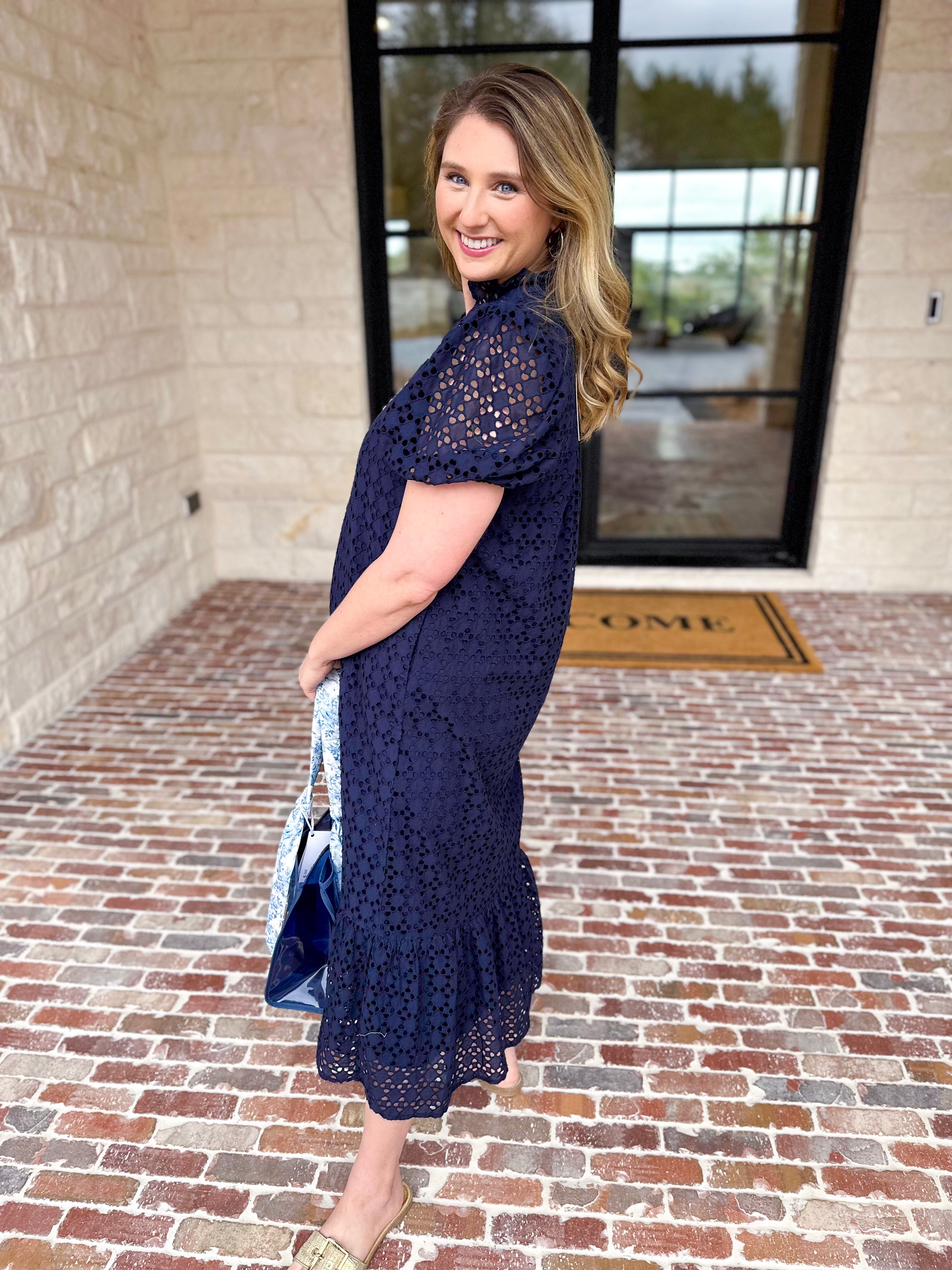 The Graceful Gathering Midi Dress - Navy-500 Midi-ENTRO-July & June Women's Fashion Boutique Located in San Antonio, Texas